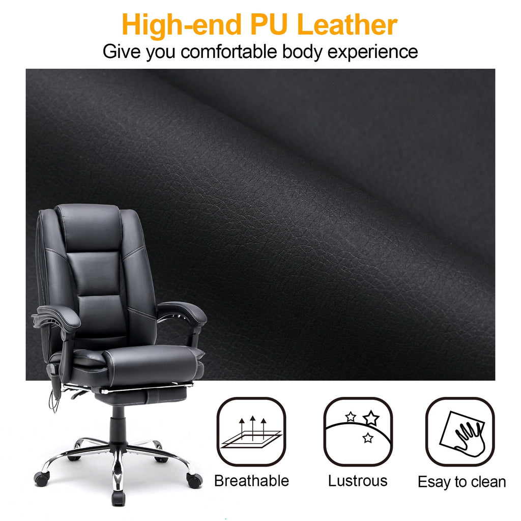 HOMREST Ergonomic Office Chair with 6-Point Massage & Heating, Adjustable Executive Desk Chair with Retractable Footrest, PU Leather Home Office Desk Chair for Home & Office (Black)