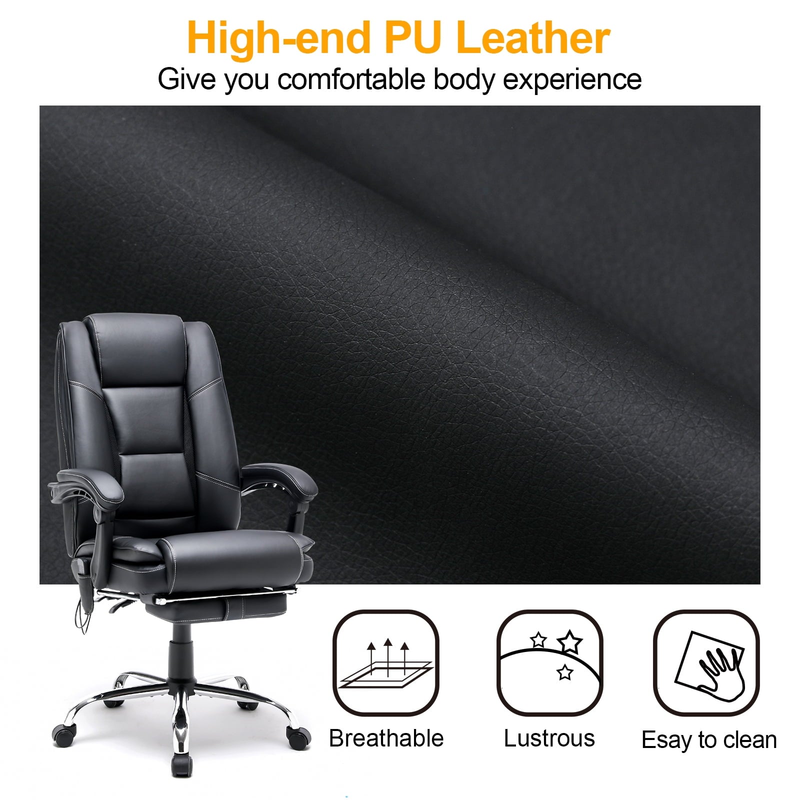 HOMREST Ergonomic Office Chair with 6-Point Massage & Heating, Adjustable Executive Desk Chair with Retractable Footrest, PU Leather Home Office Desk Chair for Home & Office (Black)