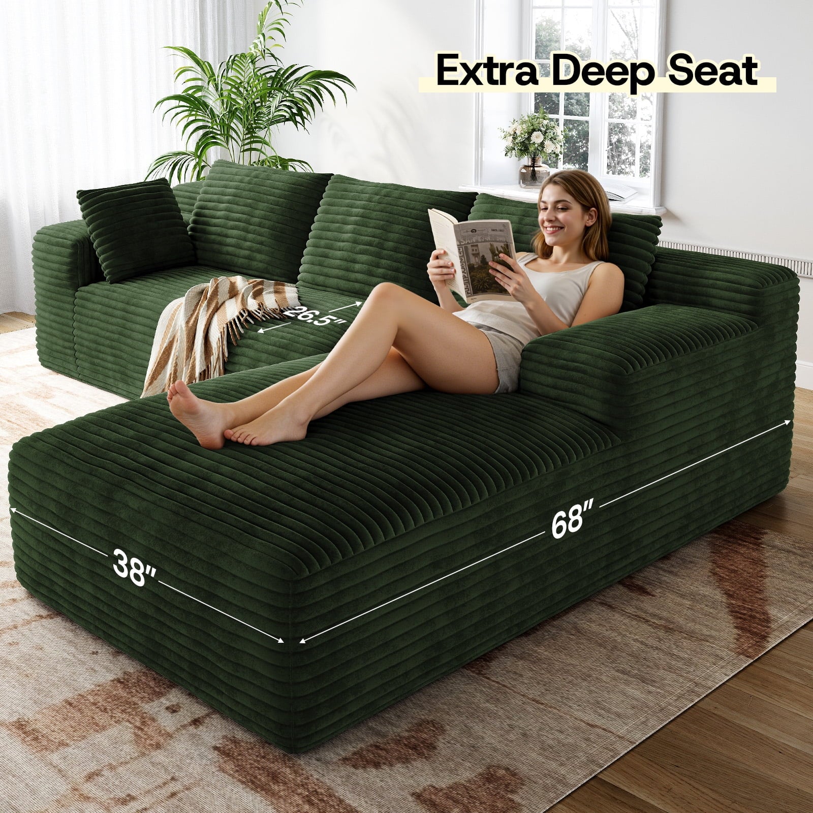 Patbrela 106 Sectional Couch for Living Room, L-Shaped Boneless Cloud Couch Corduroy Modern Sectional Sofa with Deep Seat and Thickened Cushion, No Assembly Required, Black