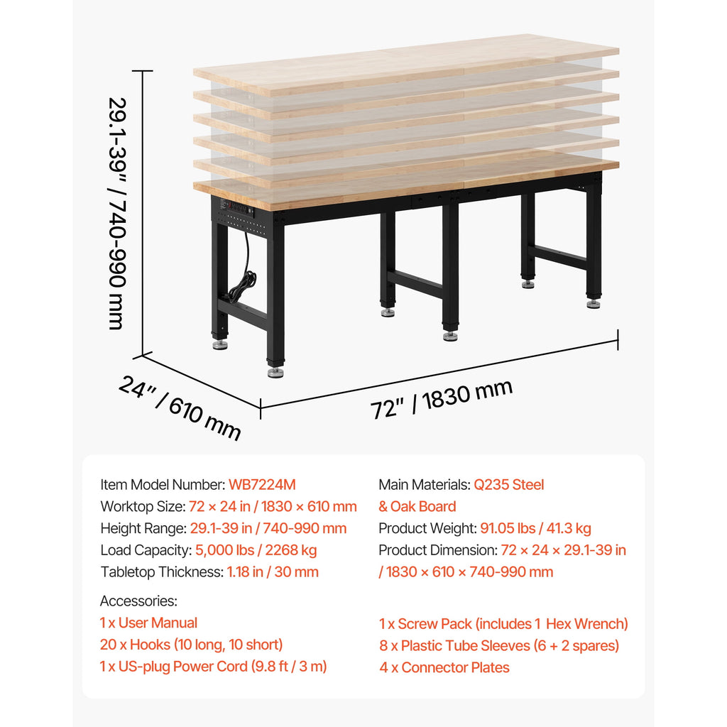 KFFKFF Adjustable Workbench with 5000 lbs Capacity, 72 x 24 Inch Oak Wood Top, Workstation Featuring 4 AC Outlets & 2 USB Ports, Durable Hardwood Table for Garage, Workshop, Home, Office
