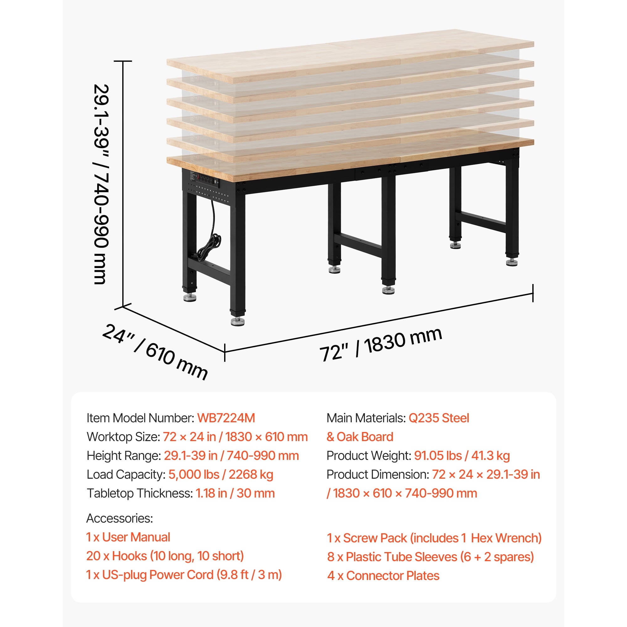 KFFKFF Adjustable Workbench with 5000 lbs Capacity, 72 x 24 Inch Oak Wood Top, Workstation Featuring 4 AC Outlets & 2 USB Ports, Durable Hardwood Table for Garage, Workshop, Home, Office