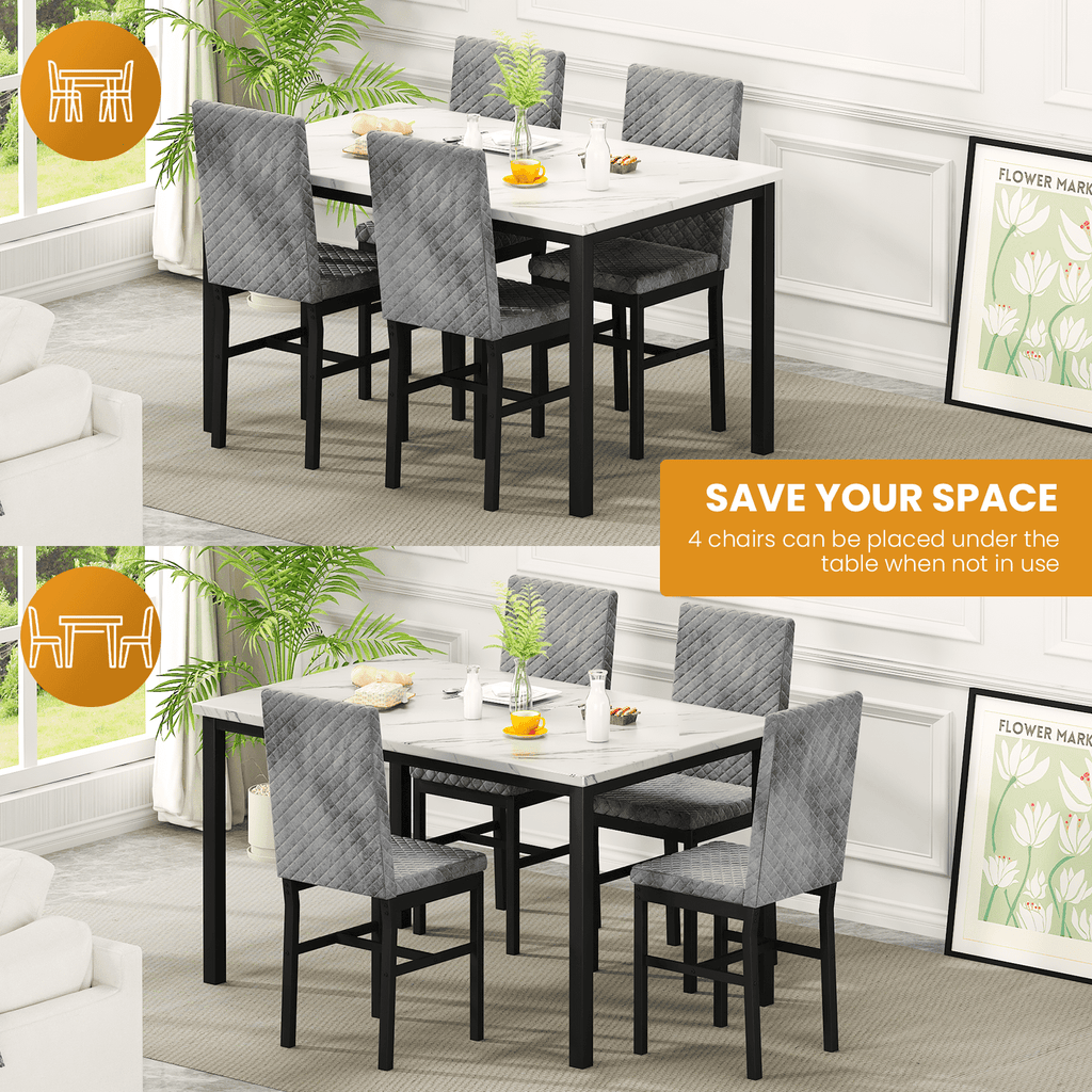 Baxluxe Dining Table Set for 4, Modern 5 Piece Dining Table Set, Faux Marble Kitchen Table and 4 Velvet Upholstered Chairs for Apartments, Dining Rooms, Small Spaces, Gray