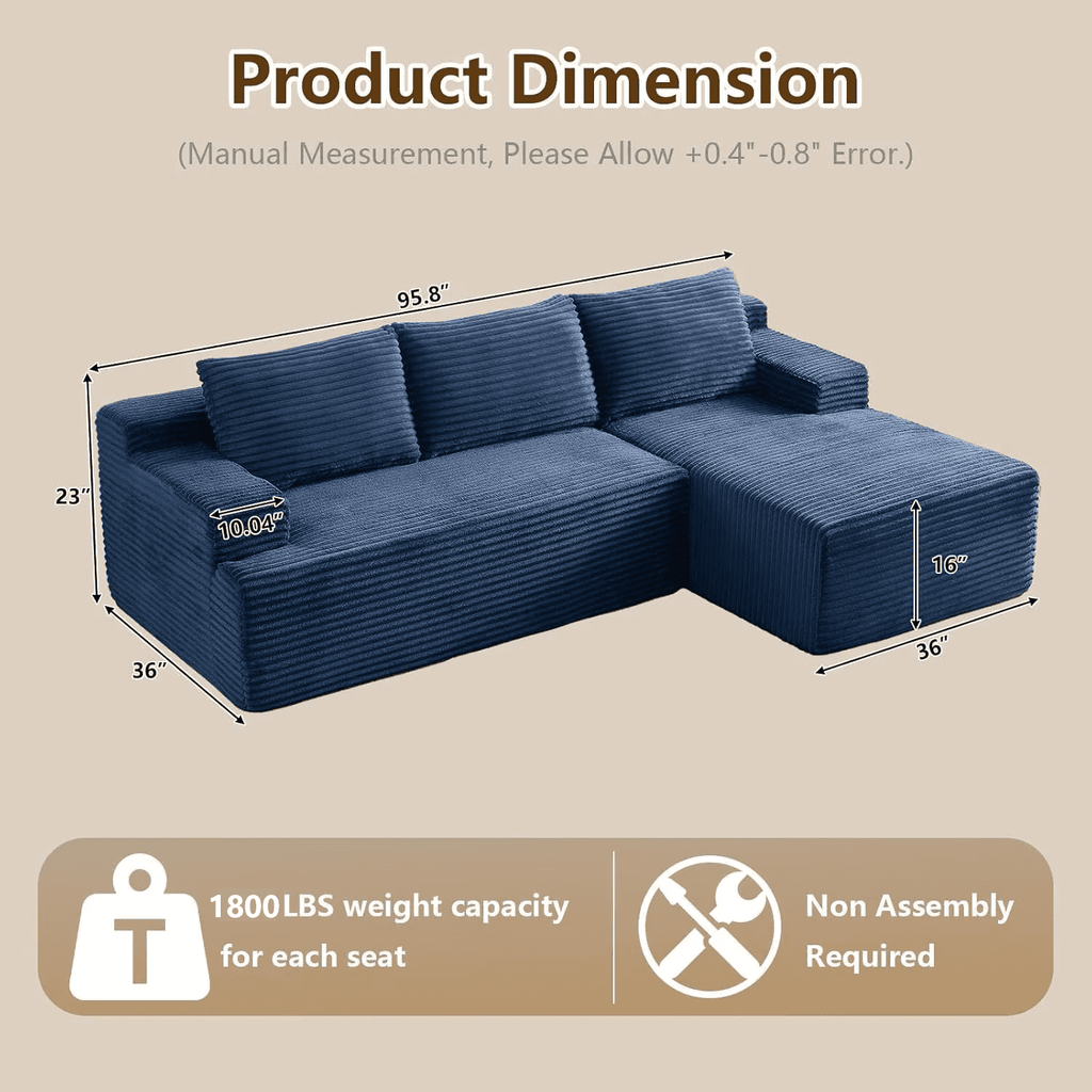 96 L-Shaped Sectional Couches for Living Room, Modular Cloud Couch with Chaise, Corduroy Deep Seat Boneless Sofa, No Assembly, Black
