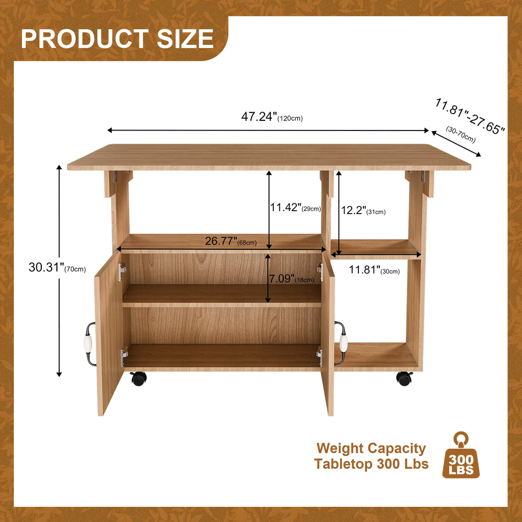 Wohh 47 Inch Folding Dining Table with Storage Shelves & Wheels, Multifunctional Kitchen Desk for Small Spaces, Compact Mobile Computer Desk for Home Office, Dorm, Adjustable Foldable Study Table