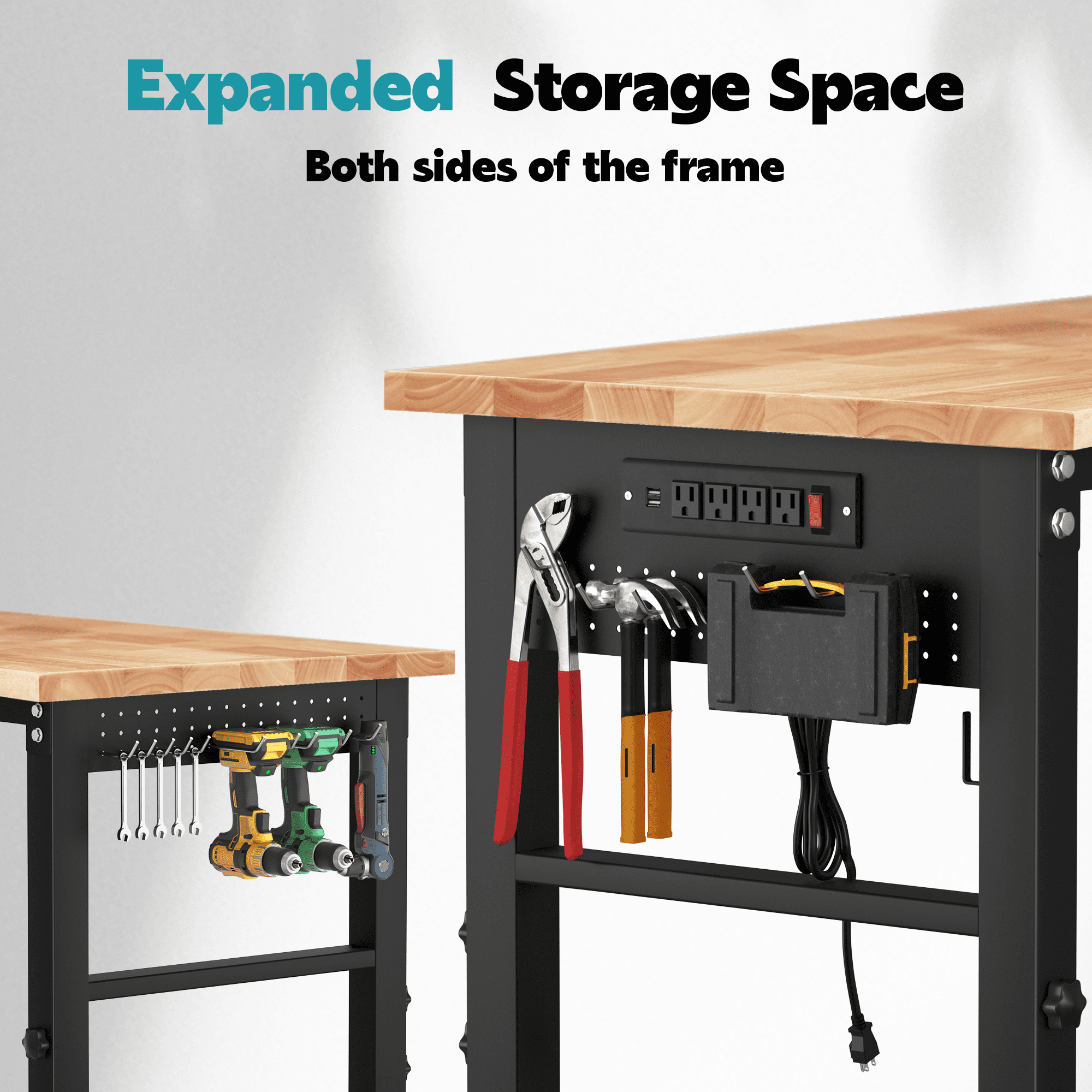 HARIPUL 96 inch Adjustable Workbench, 2000 LBS Heavy Duty Workstation with Power Outlets & Pegboard, Solid Rubber Wood Top Work Table for Garage, Workshop, Office, Commercial Use