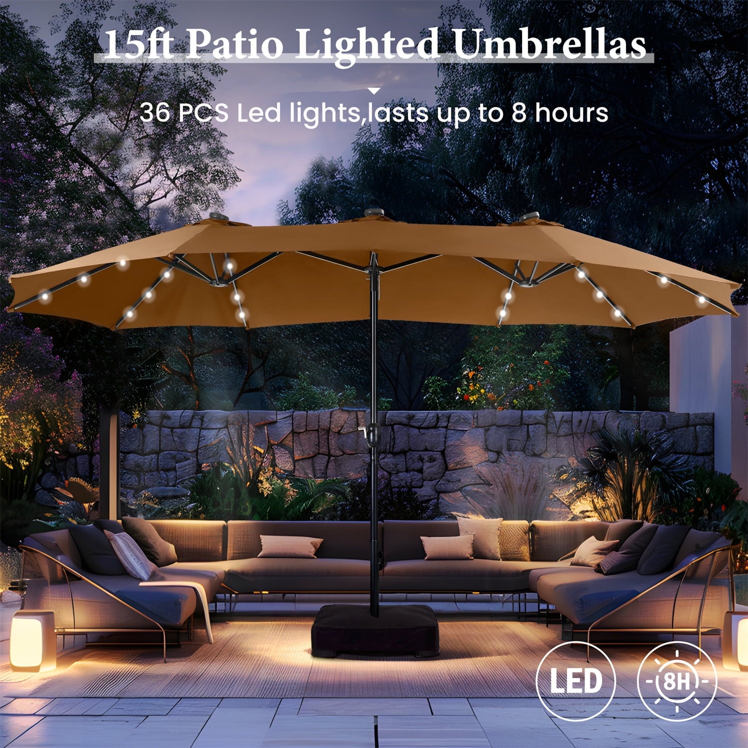 SUMMIT LIVING 15ft Double-Sided Solar Patio Umbrella with Base (Included) Large Outdoor Umbrella with Solar Lights - Beige