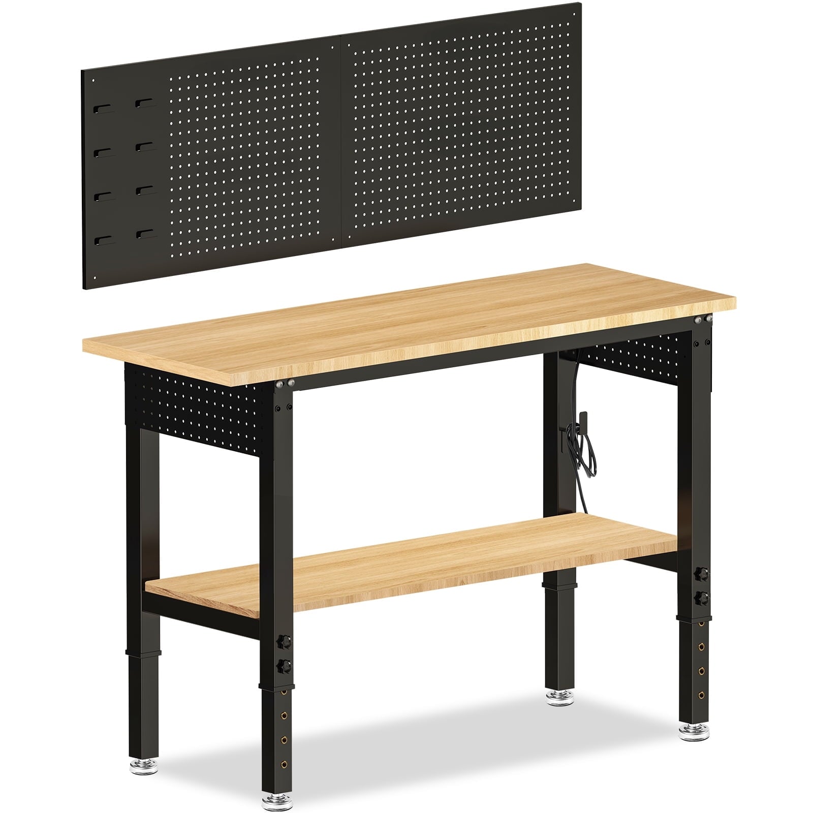60 inch Workbench for Garage, Heavy-Duty 2 Tier Wood Work Bench with Storage Pegboards, Hooks, Power Outlets, Rubber Wood Tabletop 2000 LBS Load Bearing Workstation Garage Desk Work Table