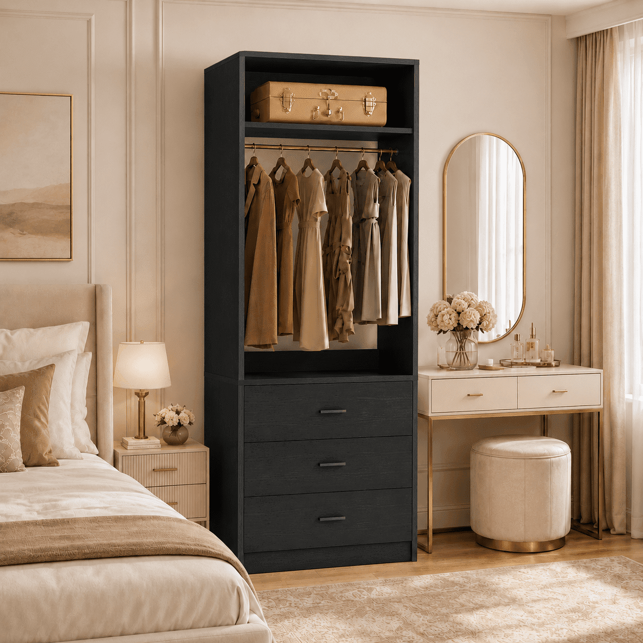Homieasy Freestanding 2FT Closet System with 3 Wood Drawers, 24 Closet Organizer System with Hanging Rod & Shelves, Walk-in Closet Systems for Small Closets, White