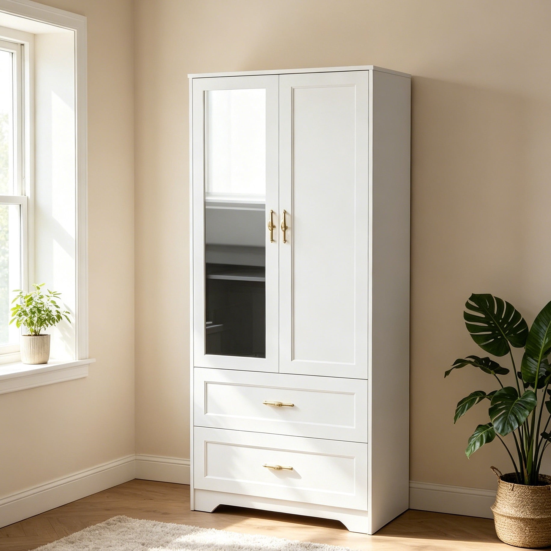 Ktaxon Wardrobe Armoire Closet with Hanging Rod, Modern Drawer & Shelf – Elegant White Finish Closet, Farmhouse to Mid-Century Style