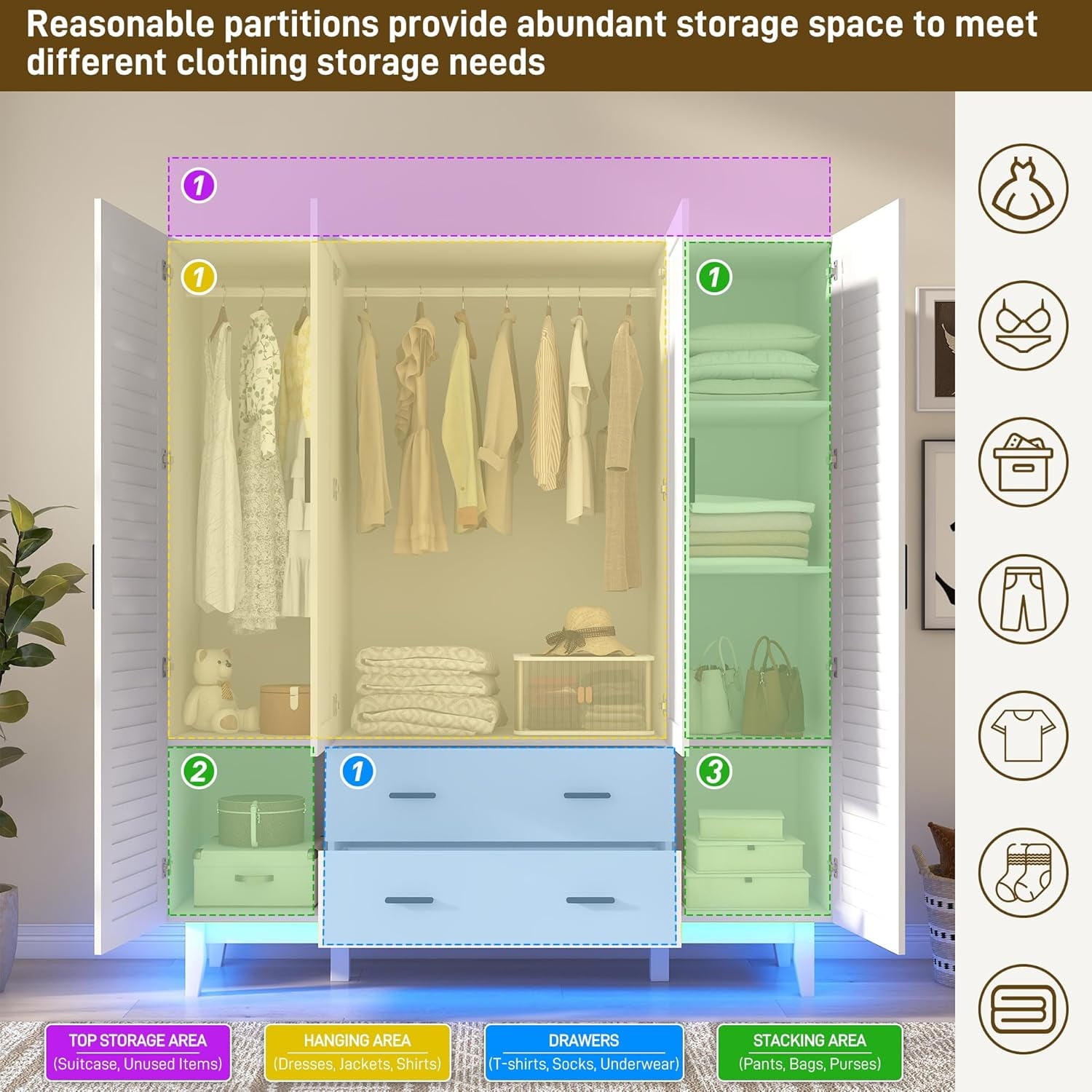 Blotout 70 Armoire Wardrobe Closet with Mirror & LED Lights, LED White Louver Door Wardrobe Armoire with 3 Drawers & Hanging Rods, Large 3 Doors Armoire Storage with Multi-Layer Shelves