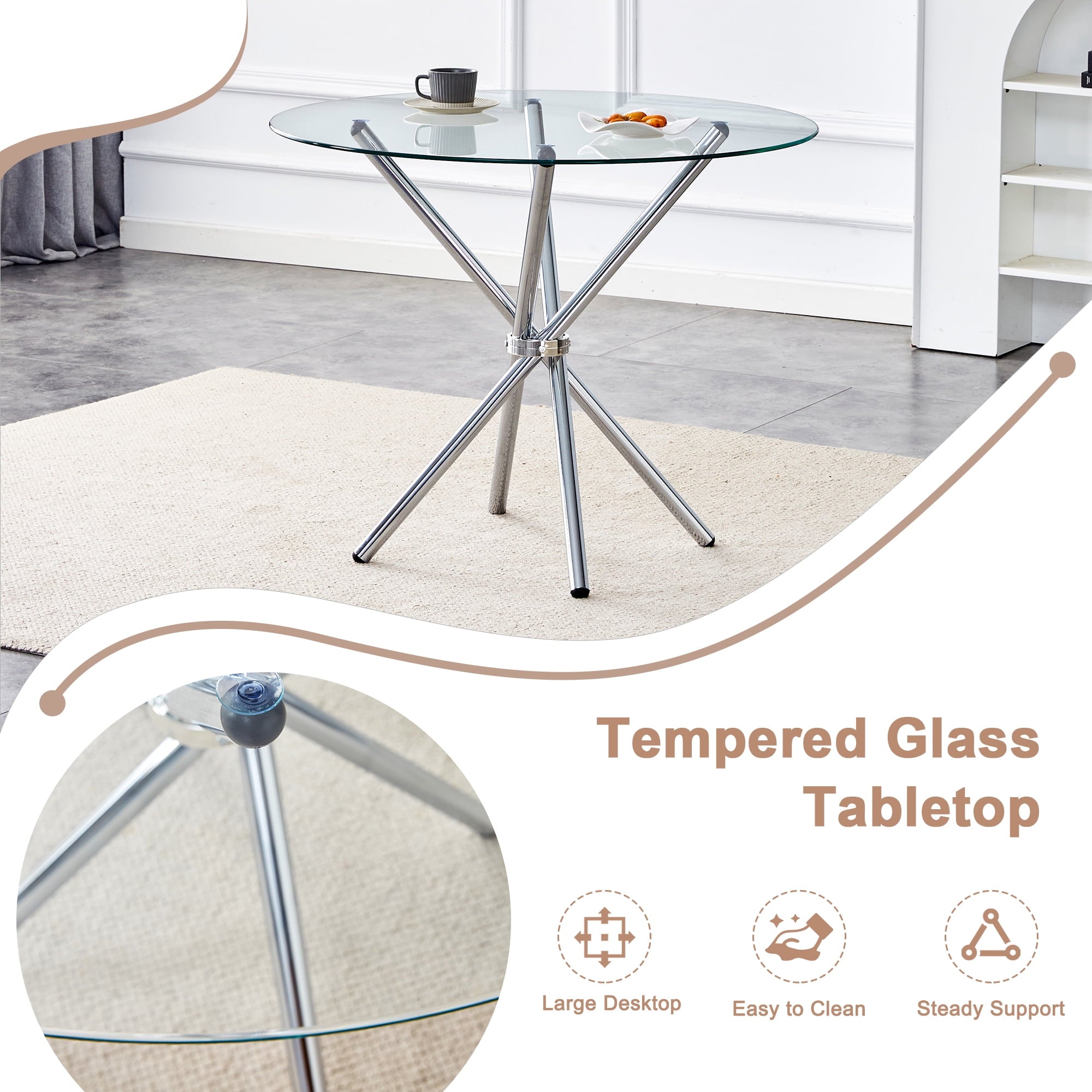 LUFTUT 36.6 Round Glass Dining Table, Modern Gold Base Kitchen Table, Small Space Bistro Table, Clear Tempered Glass Top for Apartmen