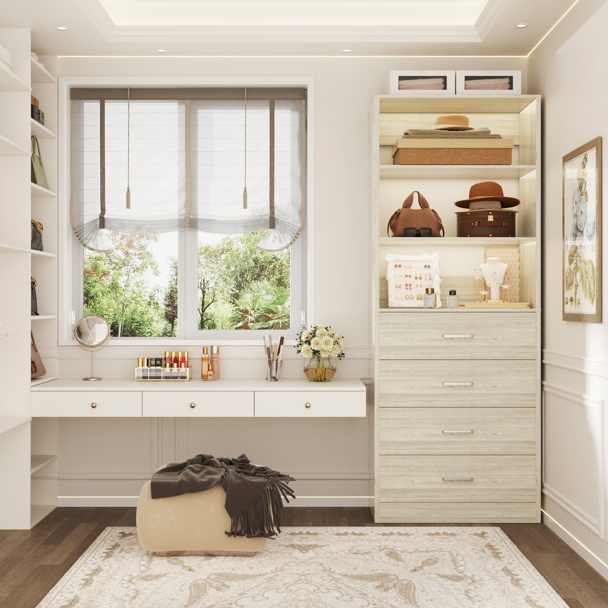 Homieasy 21.3 Inch Freestanding Closet System with 4 Wood Drawers and 3 Shelves for Walk-in Closet, Bedroom, White