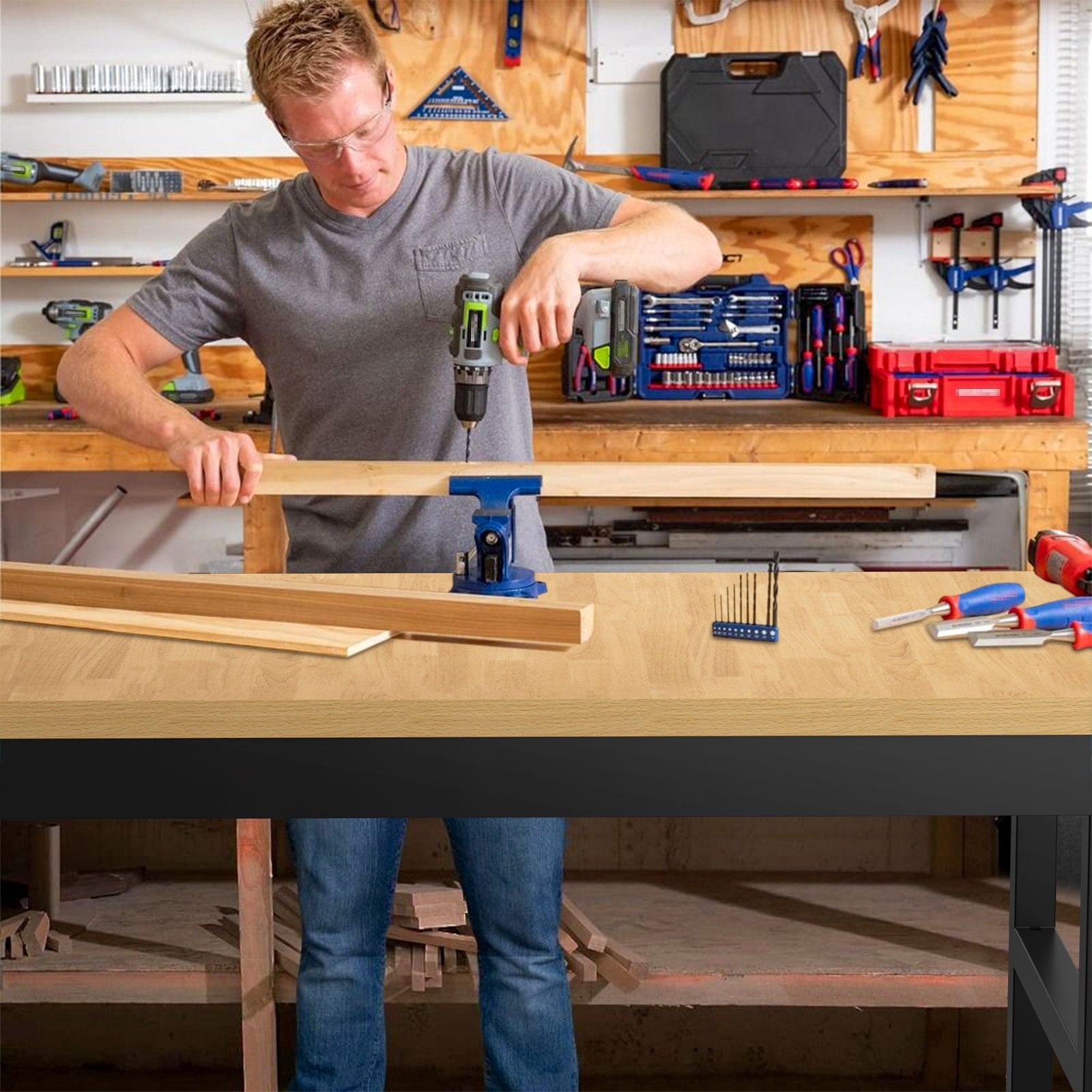 60 Adjustable Workbench,Heavy-Duty Work Table,3000 LBS Load Capacity Hardwood Workstation Outlets with Power strips and Wheels,for Workshop, Garage