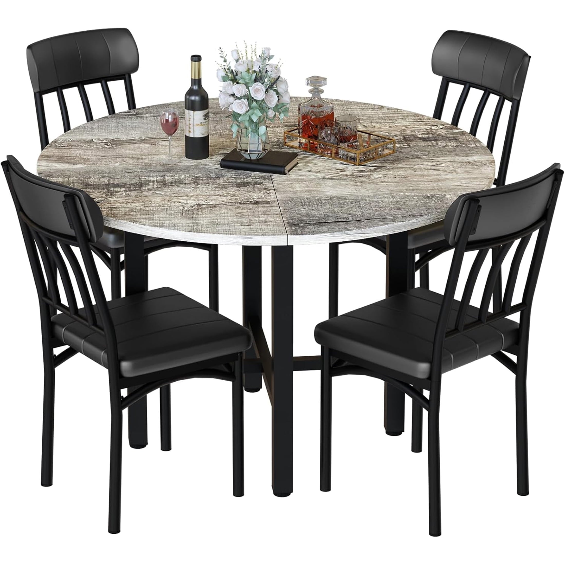 LinkRomat Round Dining Table Set for 4, Modern Dining Room Sets with 4 Faux Leather Chairs, Kitchen Dinner Wooden Table & Chair Set for Small Space, Grey
