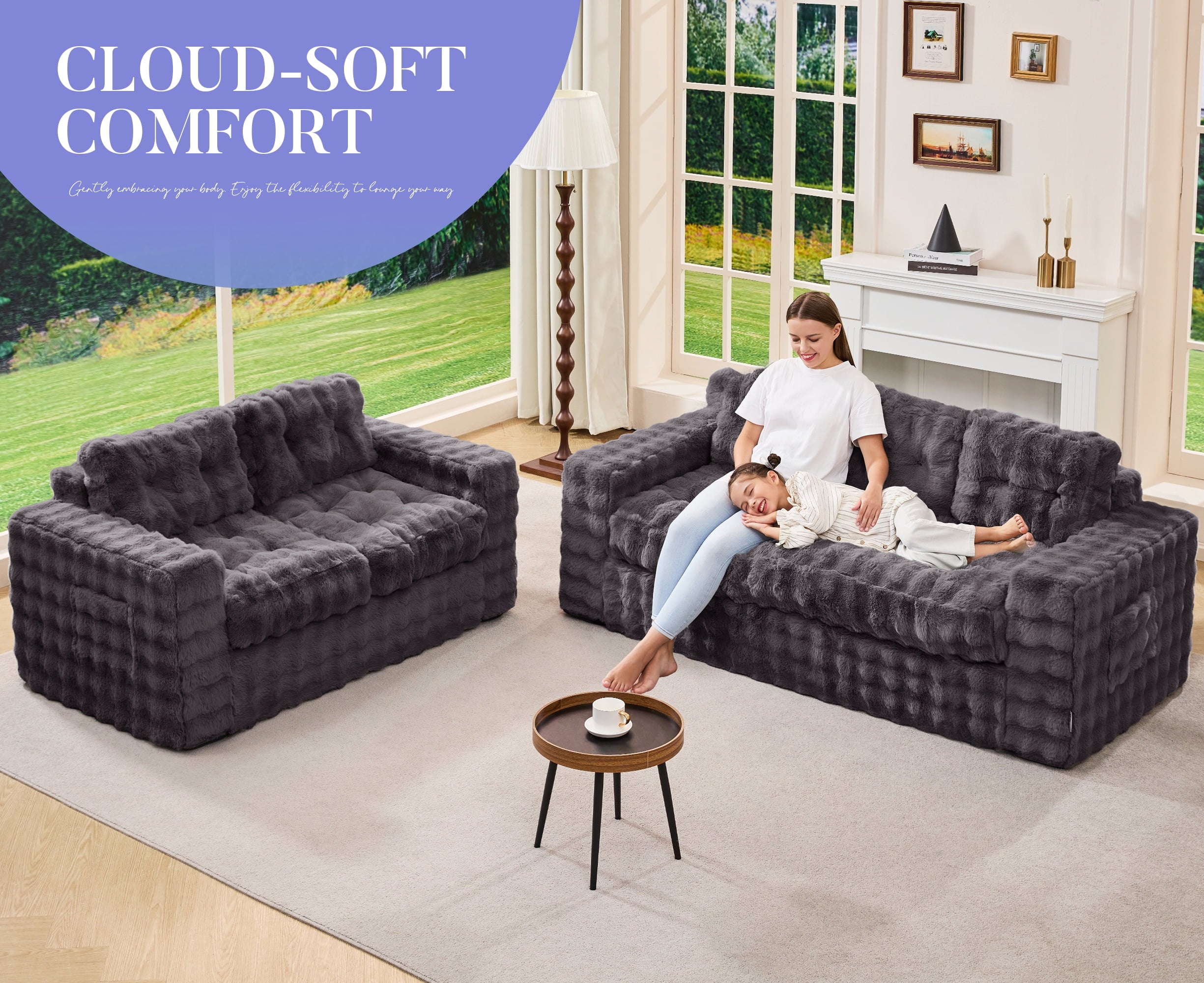 Hobestluk 3-Seater Sofa Boneless Couch with Tufted Button Design 2 in 1 Comfy Cloud Couch Oversized Sofa for Living Room Bedroom Apartment or Office (Grey, 3 Seater)