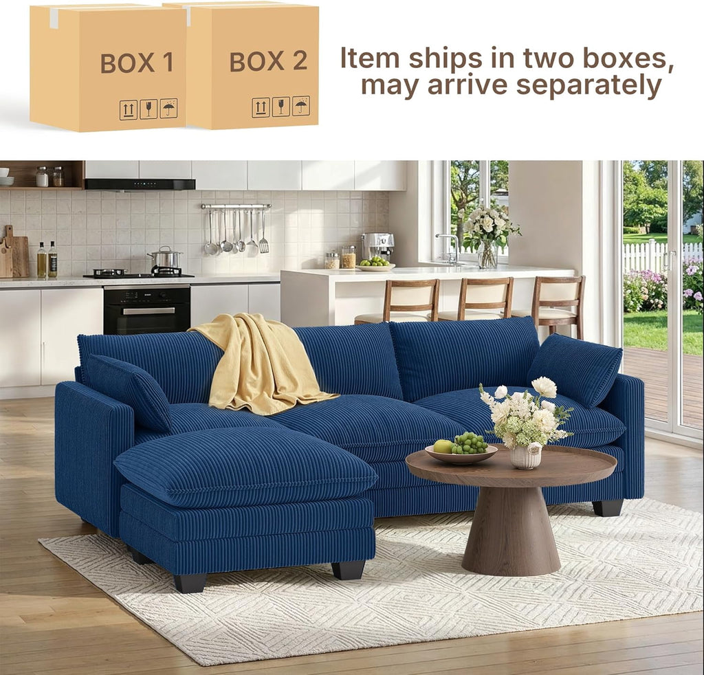 110'' Oversized L Shaped Couch for Living Room, Cloud Couches with Washable Corduroy Cover, Modern 4-Seater Comfy Deep-Seat Sofa with Movable Ottoman and 2 Throw Pillows for Apartment, Gray