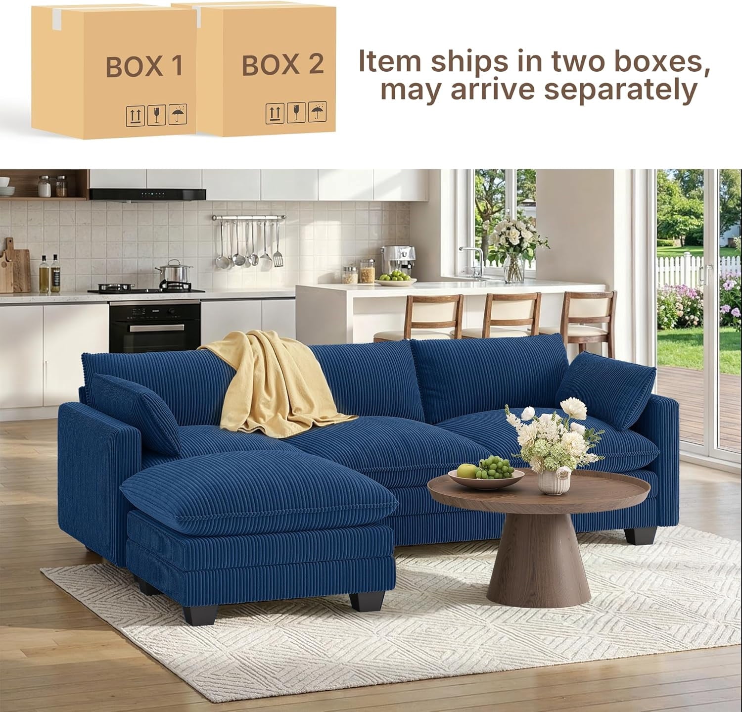 110'' Oversized L Shaped Couch for Living Room, Cloud Couches with Washable Corduroy Cover, Modern 4-Seater Comfy Deep-Seat Sofa with Movable Ottoman and 2 Throw Pillows for Apartment, Gray