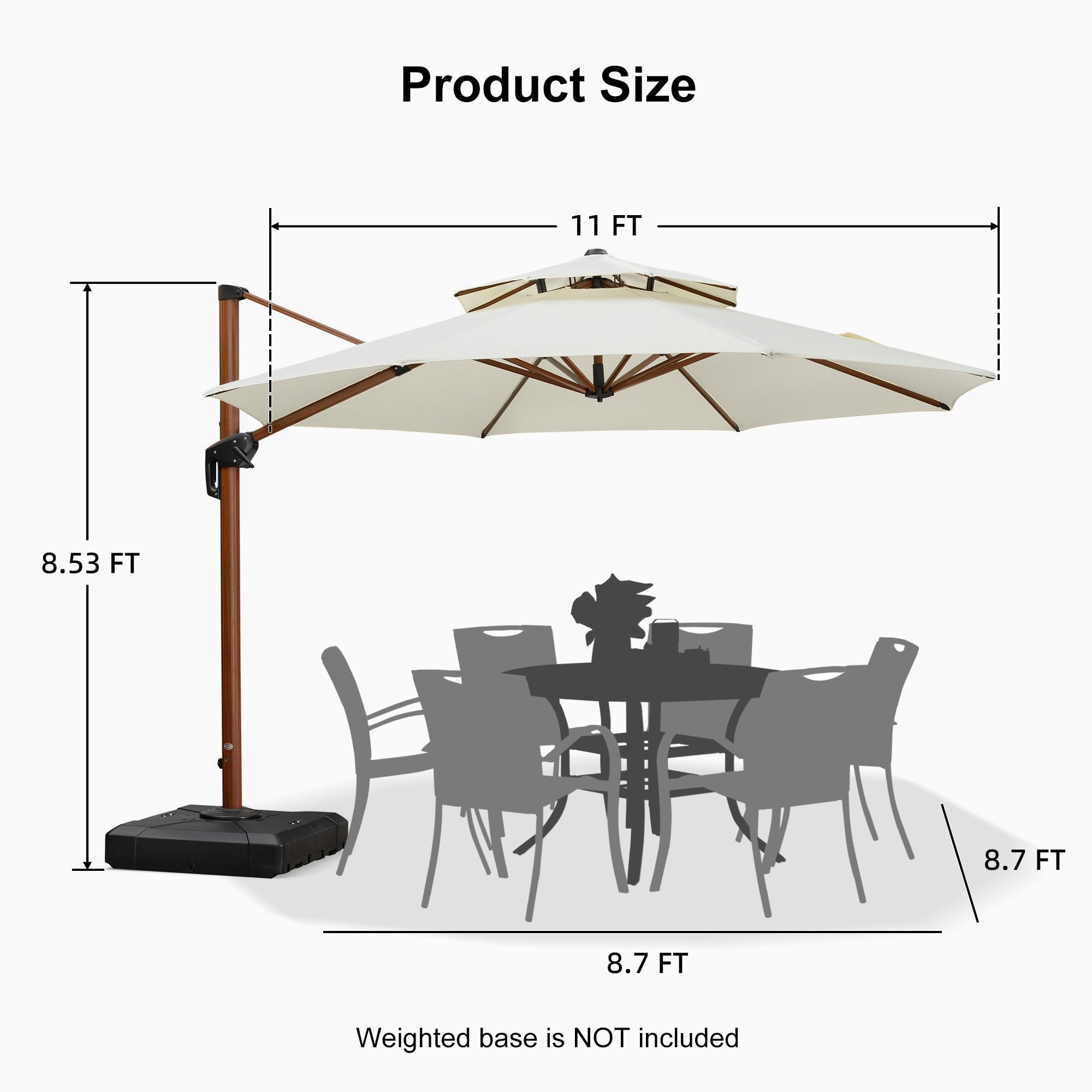PURPLE LEAF 11FT Deluxe Round Wood Grain Patio Umbrella, Large Offset Cantilever Umbrella with 360° Rotation, Navy Blue