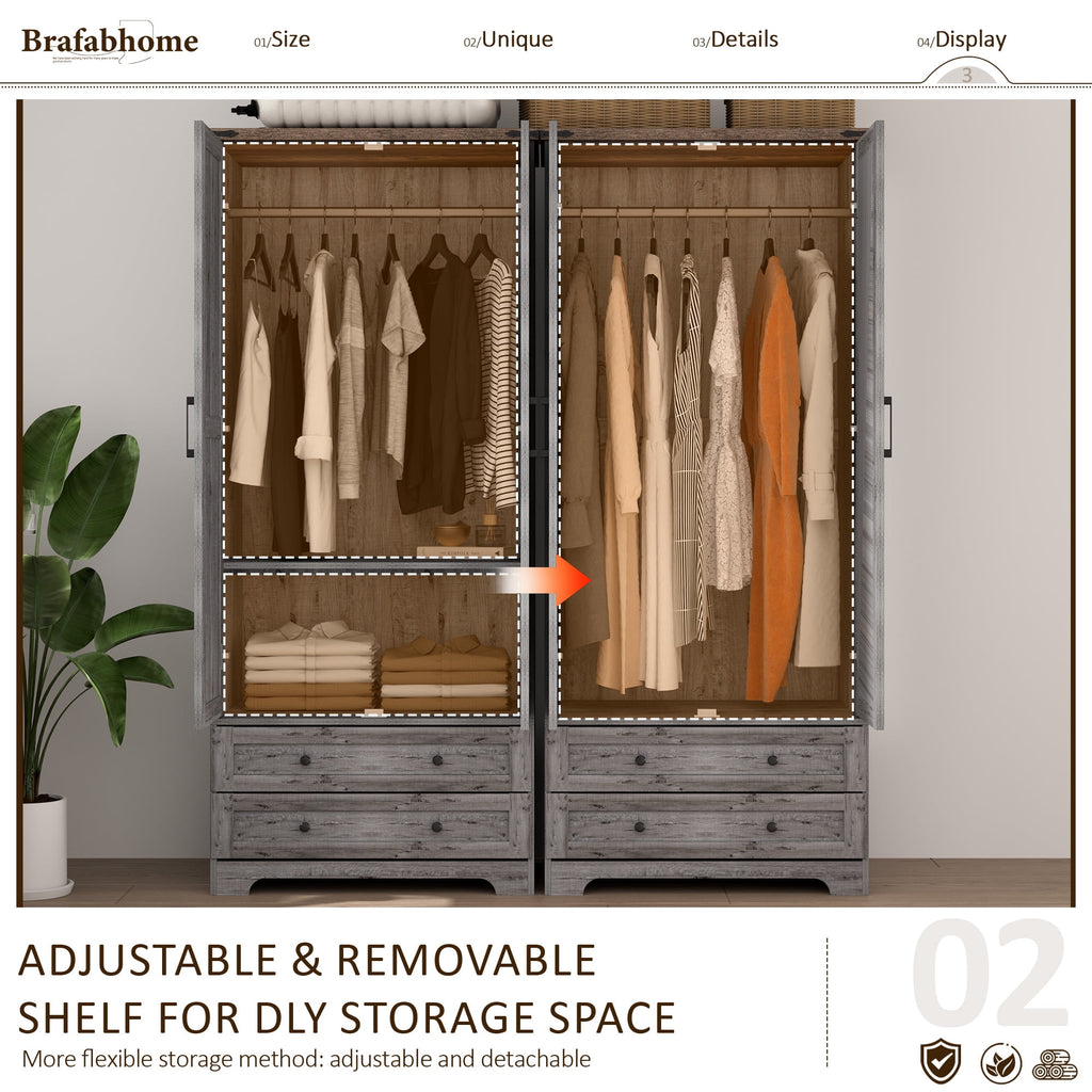 Brafabhome 71H Armoire Wardrobe Closet with 2 Drawers, Farmhouse 2 Doors Armoire Cabinet with Hanging Rod, Modern Freestanding Wardrobe Clothes Cabinet for Bedroom | Gray