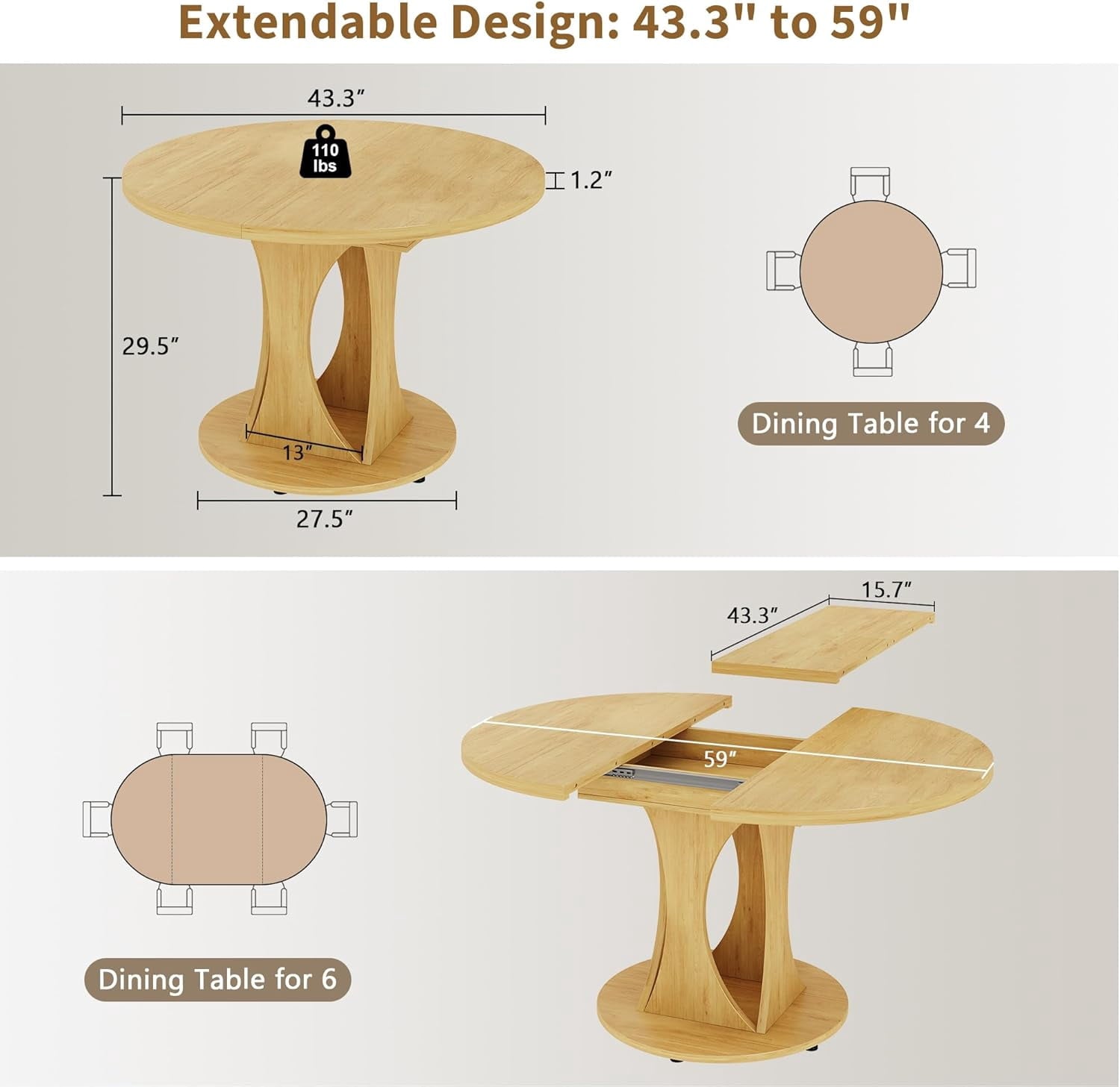 Laisnet 47 Round Dining Table for 4-6, Kitchen Table with Rounded Base for Dining Room Living Room, Black