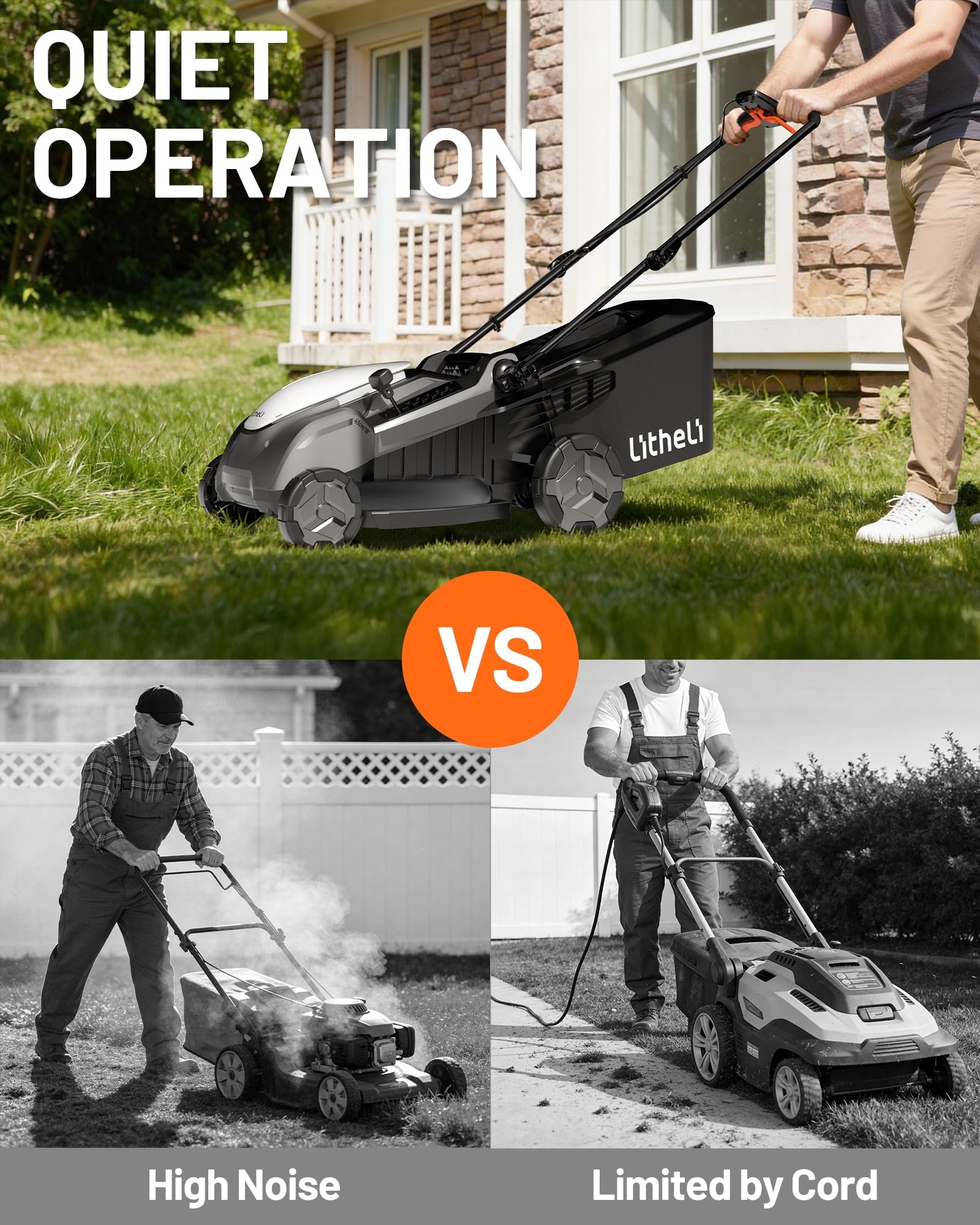 Litheli 40V Cordless Electric Lawn Mower, 17-Inch, Self-Propelled, Brushless Motor, 6-Position Height Adjustment, with 2 x 5.0Ah Battery, for Lawns & Gardens