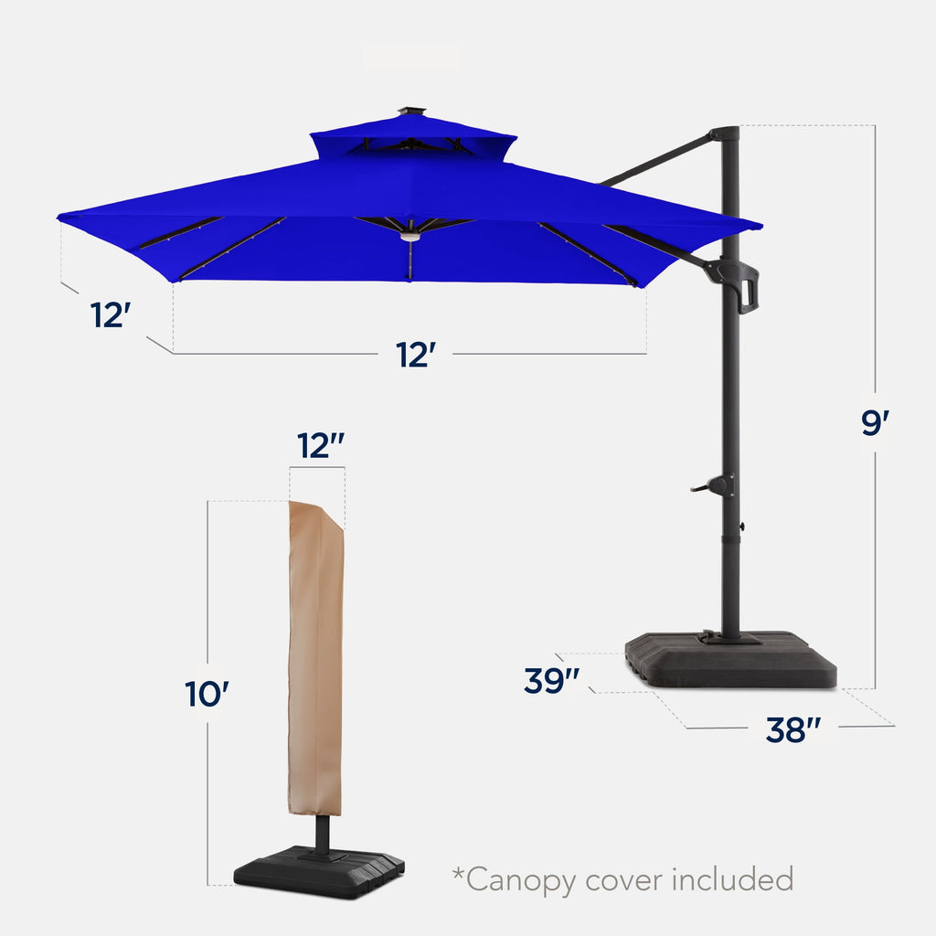 Best Choice Products 12x12ft 2-Tier Square Outdoor Solar LED Cantilever Umbrella w/ 360-Rotating Base   Gray