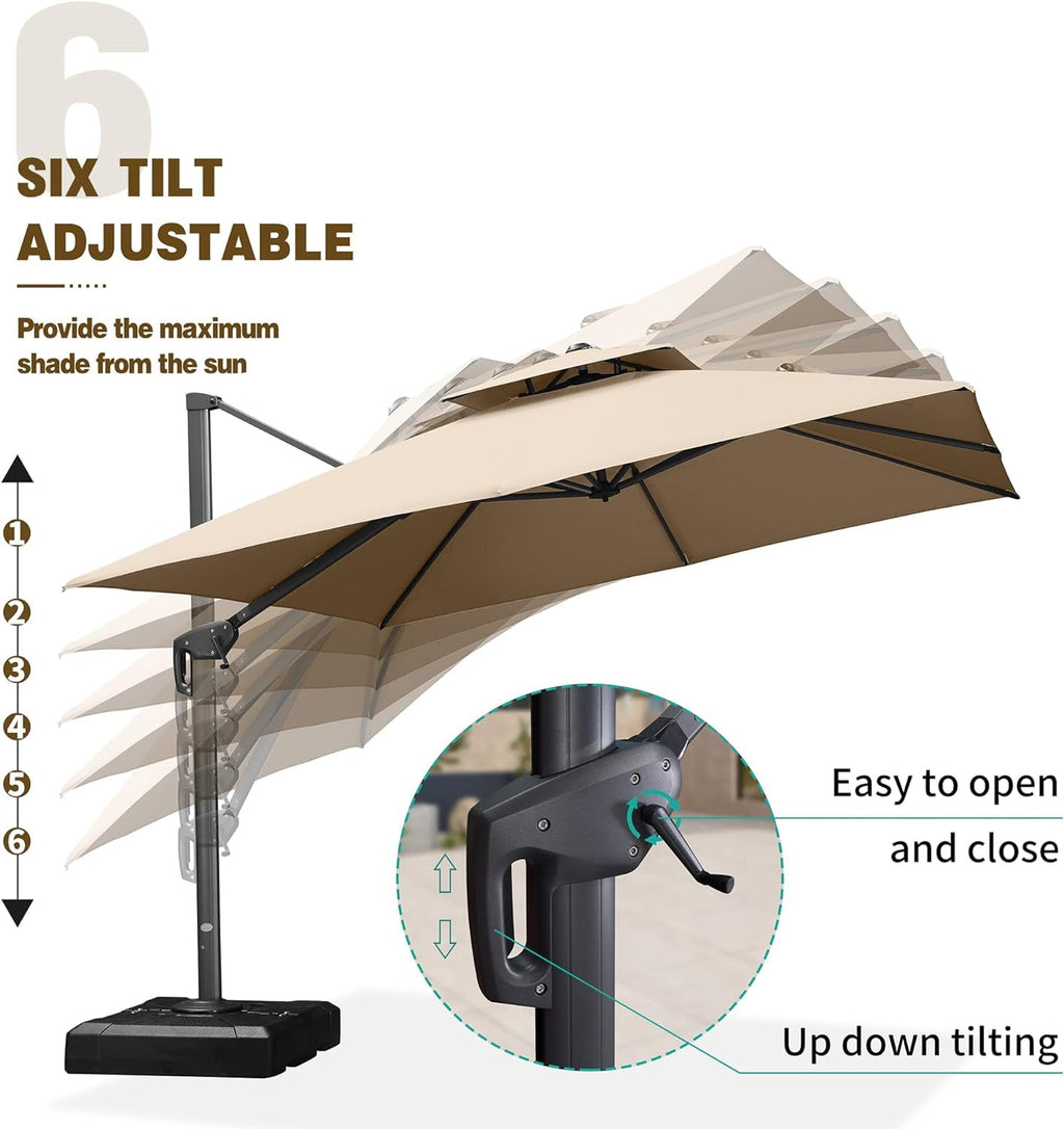 PURPLE LEAF Cantilever Umbrellas 12FT Square Large Patio Umbrella Offset Umbrella with 360°Rotation Tilting And Hanging Double Top, Grey