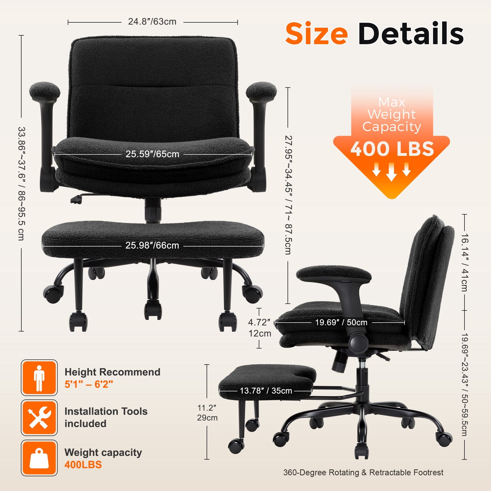 Cross Legged Office Chair with Flip-up Armrests for ADHD, Extra Wide Seat Criss Cross Desk Chair with Stretchable Footrest & Wheels for Adults, Ergonomic Meditation Chair for Home Office Black