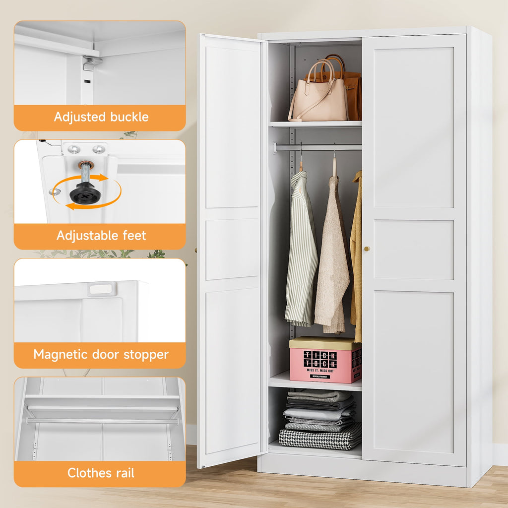 STANI Metal Wardrobe Closet with Hanging Rod, 72 White Armoire Wardrobe Cabinet with Adjustable Shelves, Clothes Storage Organizer Cabinets for Bedroom, Bathroom, Office