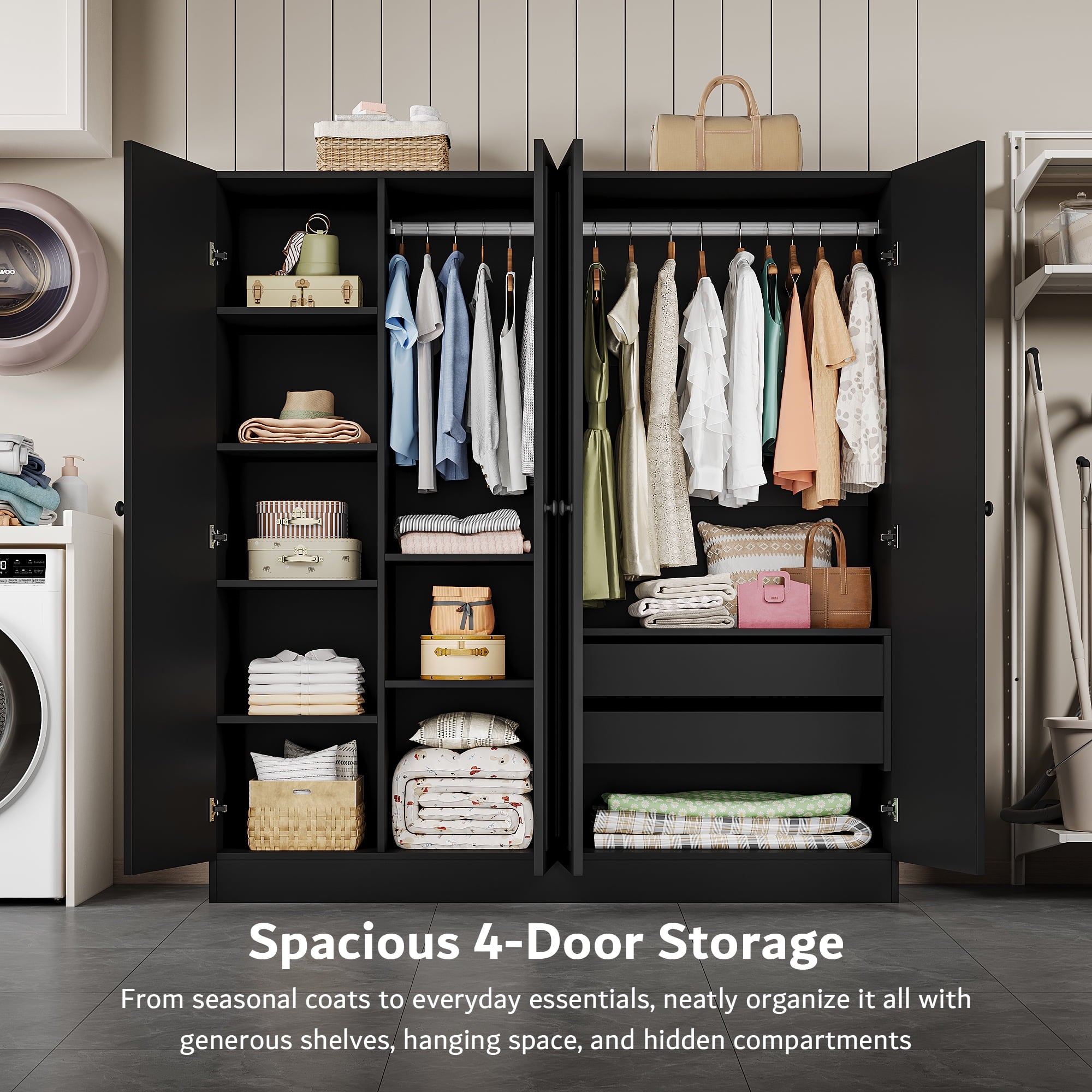 Laisnet 67H Armoire Wardrobe Closet with 4 Doors and 2 Drawers, Adjustable Shelves & Hanging Rods for Bedroom, White