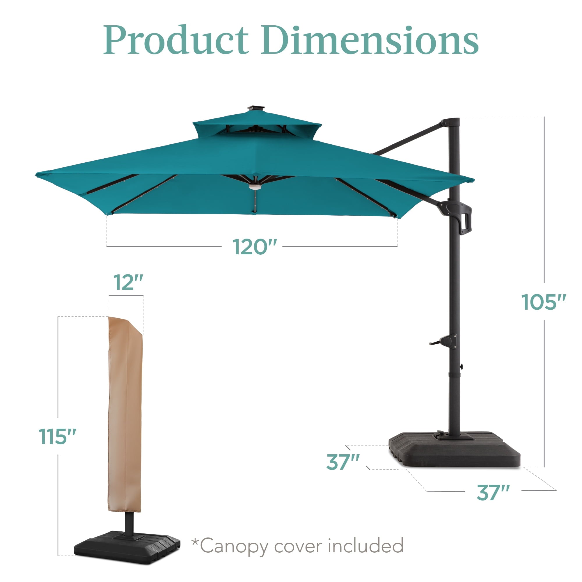 Best Choice Products 10x10ft 2-Tier Square Outdoor Solar LED Cantilever Patio Umbrella w/ Base Included - Tan