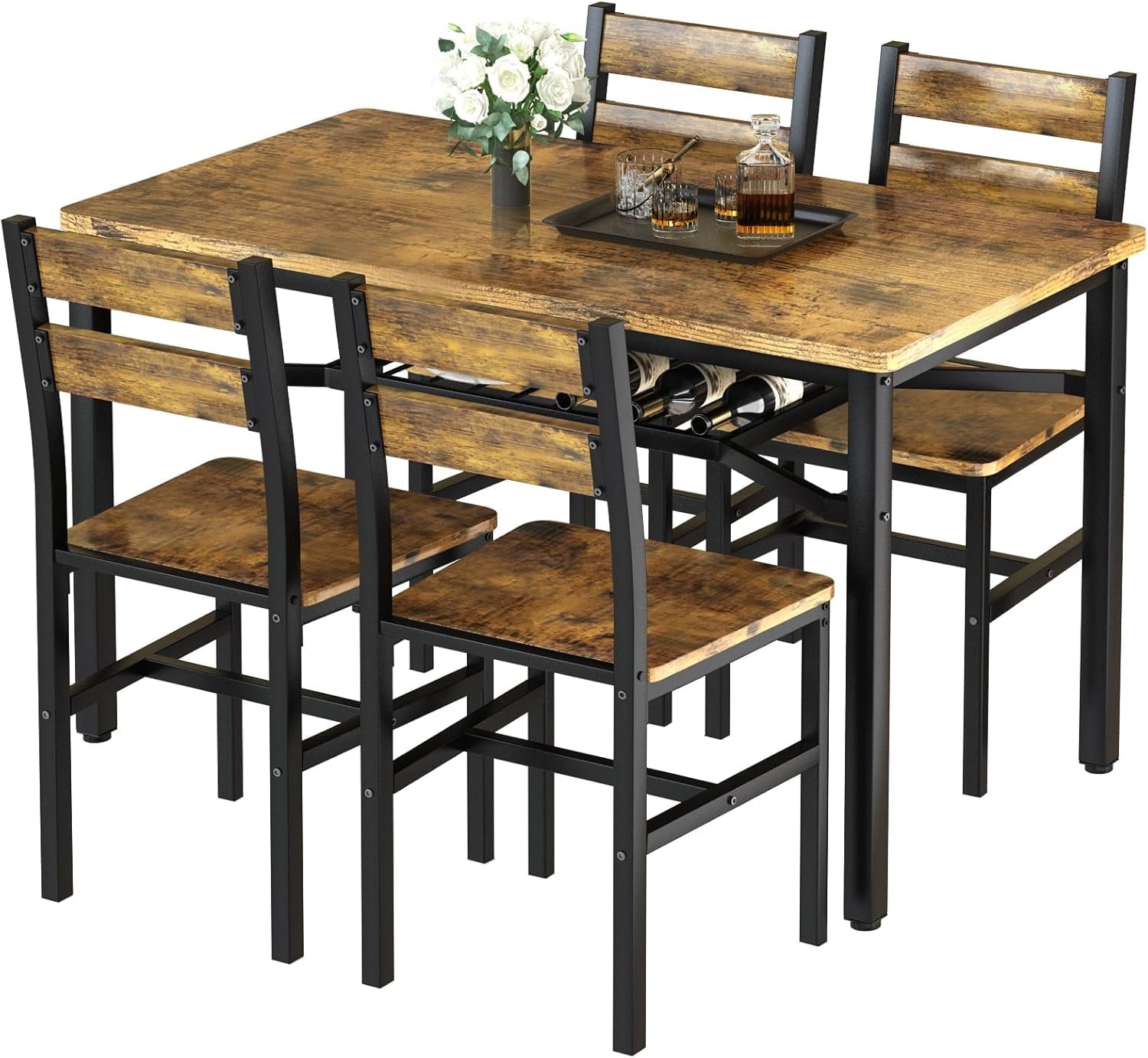 Baxluxe 4-person dining table set, farmhouse-style wooden kitchen dining table and chair set, farmhouse 5-piece dining table set with storage rack, small kitchen dining table set,Black