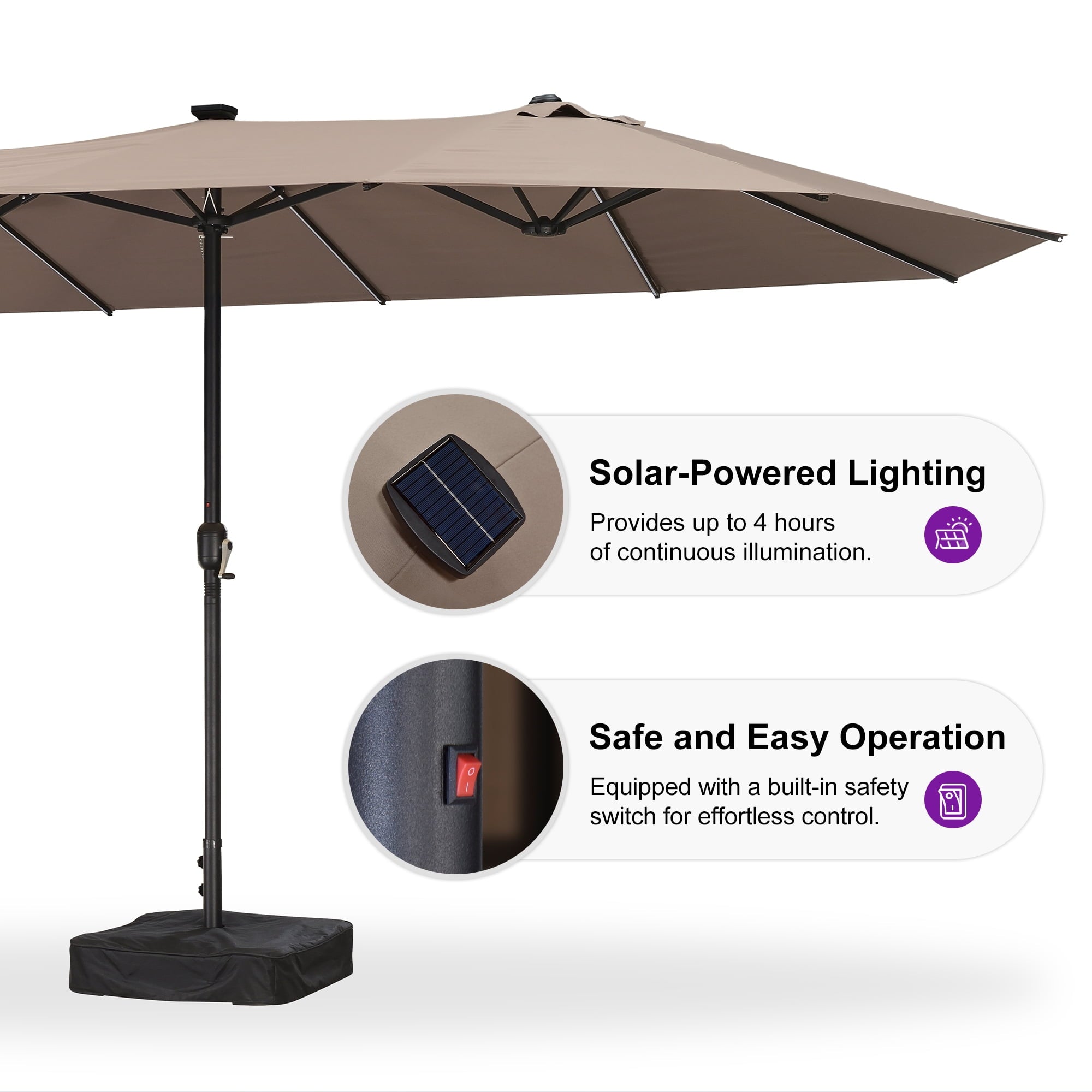 PURPLE LEAF 13ft Market Patio Umbrella with Solar LED and Base Double-Sided Sun Umbrellas for Pool Beach Deck Backyard Taupe