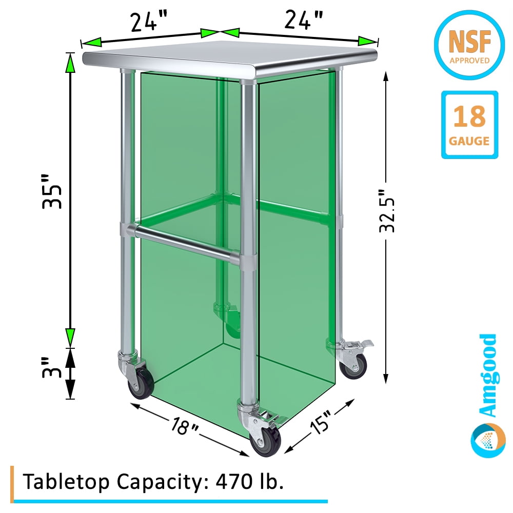 AmGood 36 Long x 30 Deep Stainless-Steel Work Table with Open Base and Wheels, Mobile Metal Table
