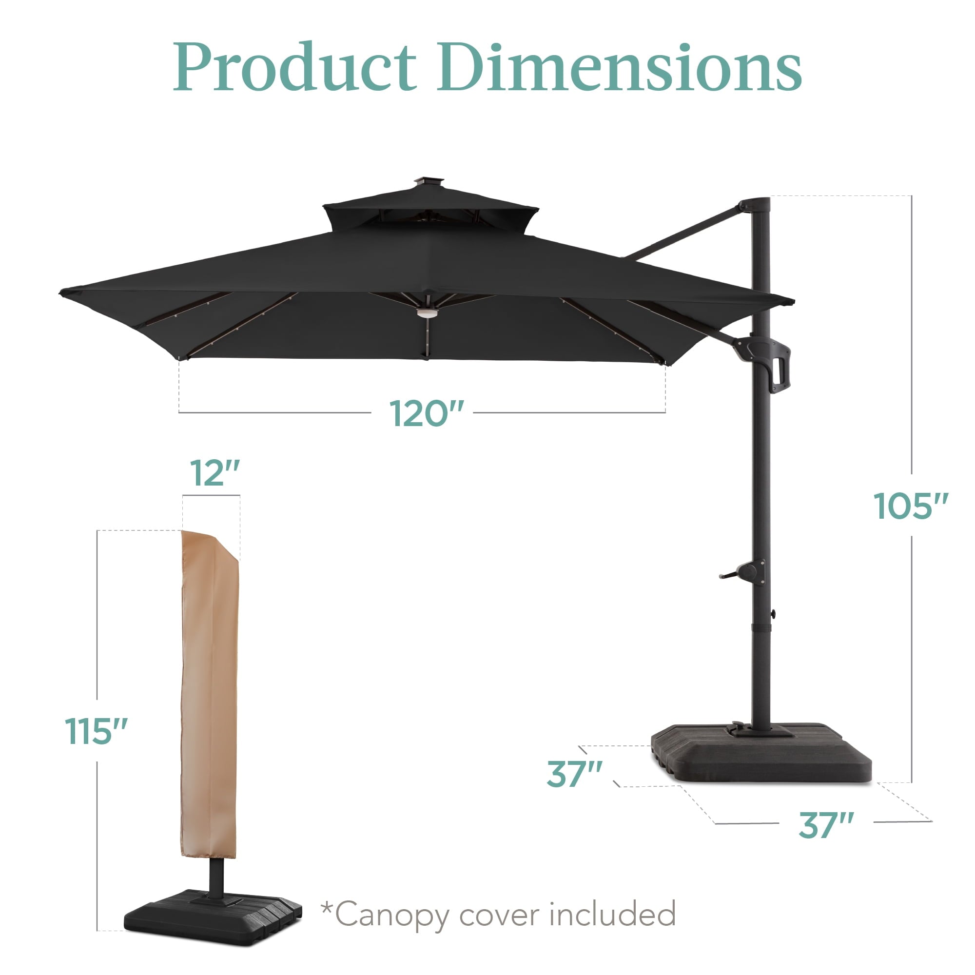 Best Choice Products 10x10ft 2-Tier Square Outdoor Solar LED Cantilever Patio Umbrella w/ Base Included - Tan