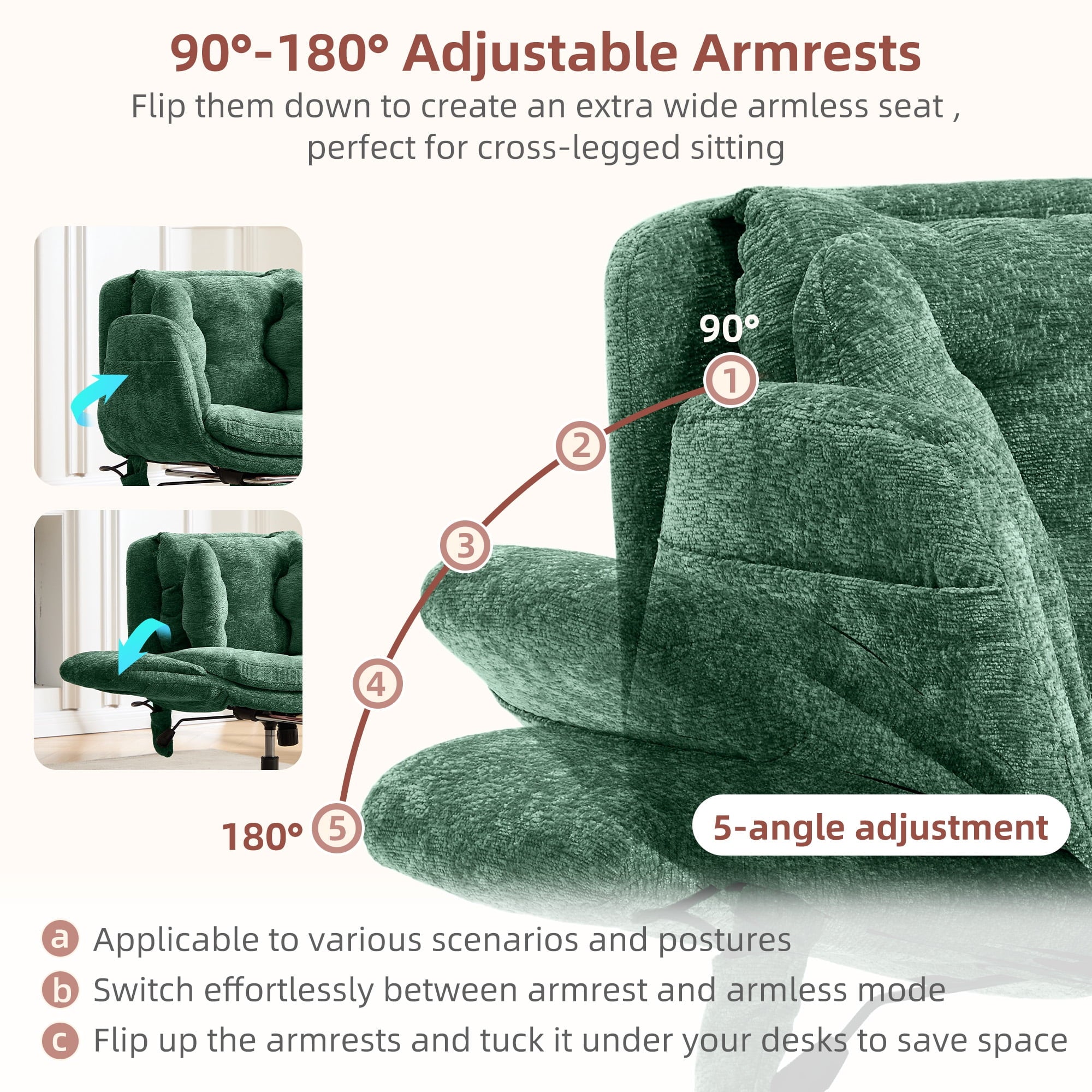 Hforesty Cross Legged Office Chair, Inflatable Flip-up Back & Wide Seat, 5-Position Armrests & Footrest, Ergonomic Task Chair for Home Office, Gray