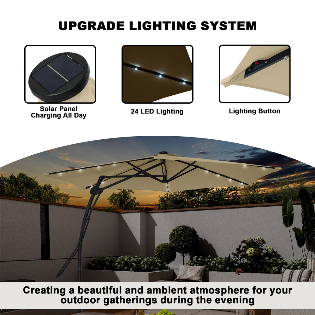 Mondawe 10ft Heavy Duty Solar Patio Umbrella with Base Included, 360° Rotation, 24 LED Lights, Outdoor Hanging Offset Cantilever Market Sun Shade Umbrella, Beige