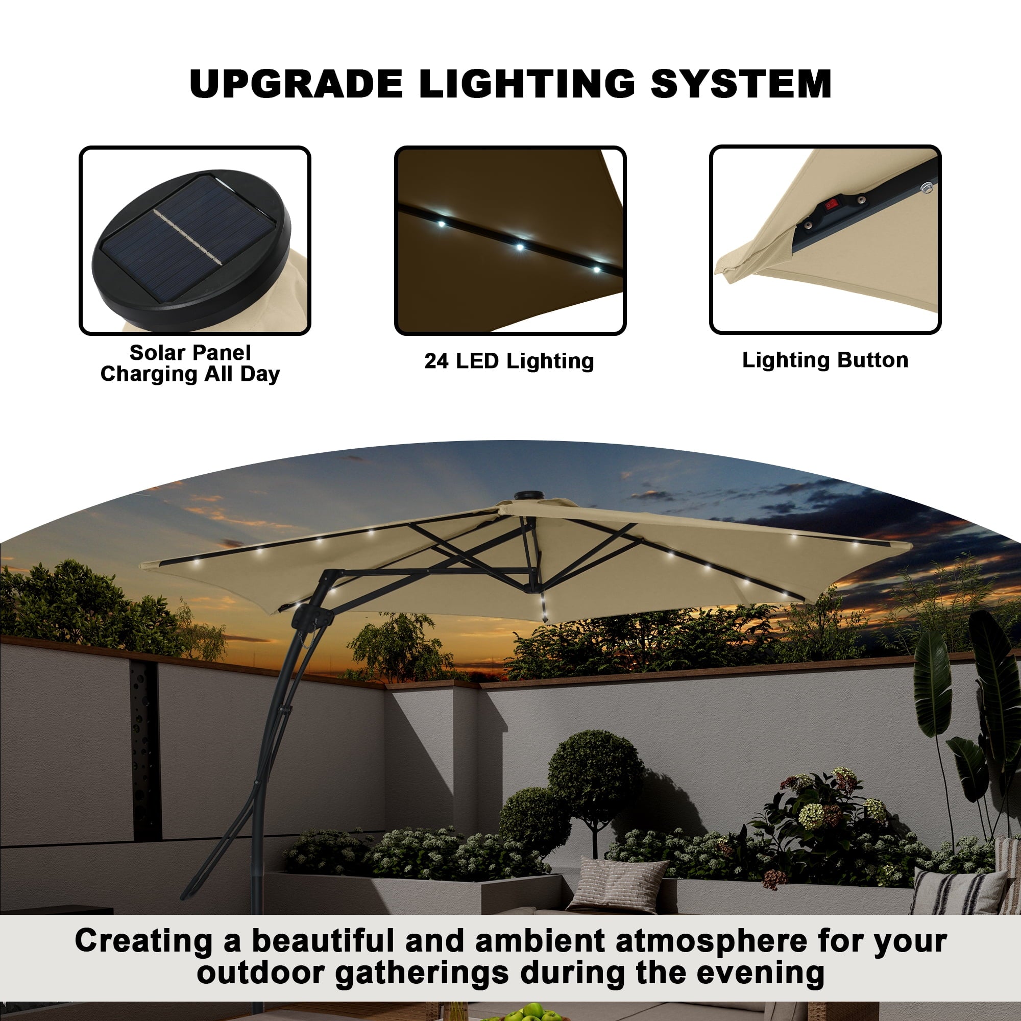 Mondawe 10ft Heavy Duty Solar Patio Umbrella with Base Included, 360° Rotation, 24 LED Lights, Outdoor Hanging Offset Cantilever Market Sun Shade Umbrella, Beige
