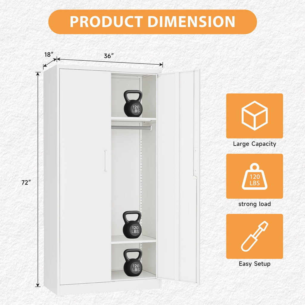 STANI Metal Wardrobe Closet with Hanging Rod, 72 White Armoire Wardrobe Cabinet with Adjustable Shelves, Clothes Storage Organizer Cabinets for Bedroom, Bathroom, Office