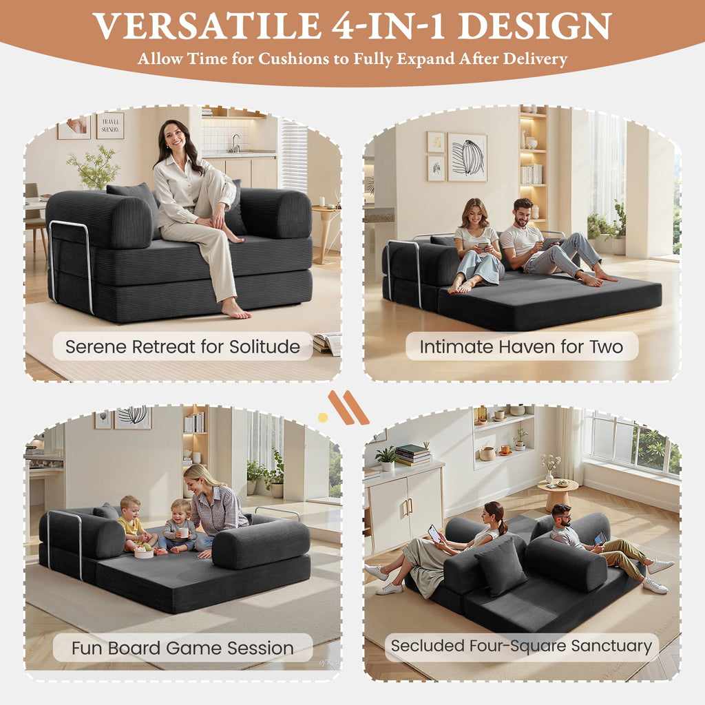 COOLHUT 63 W Combination Sofa, High Rebound Density Foam Sofa Couch, Two Forms Floor Couch Three Seats Sofa Bed for Living Room, Bedroom, Green