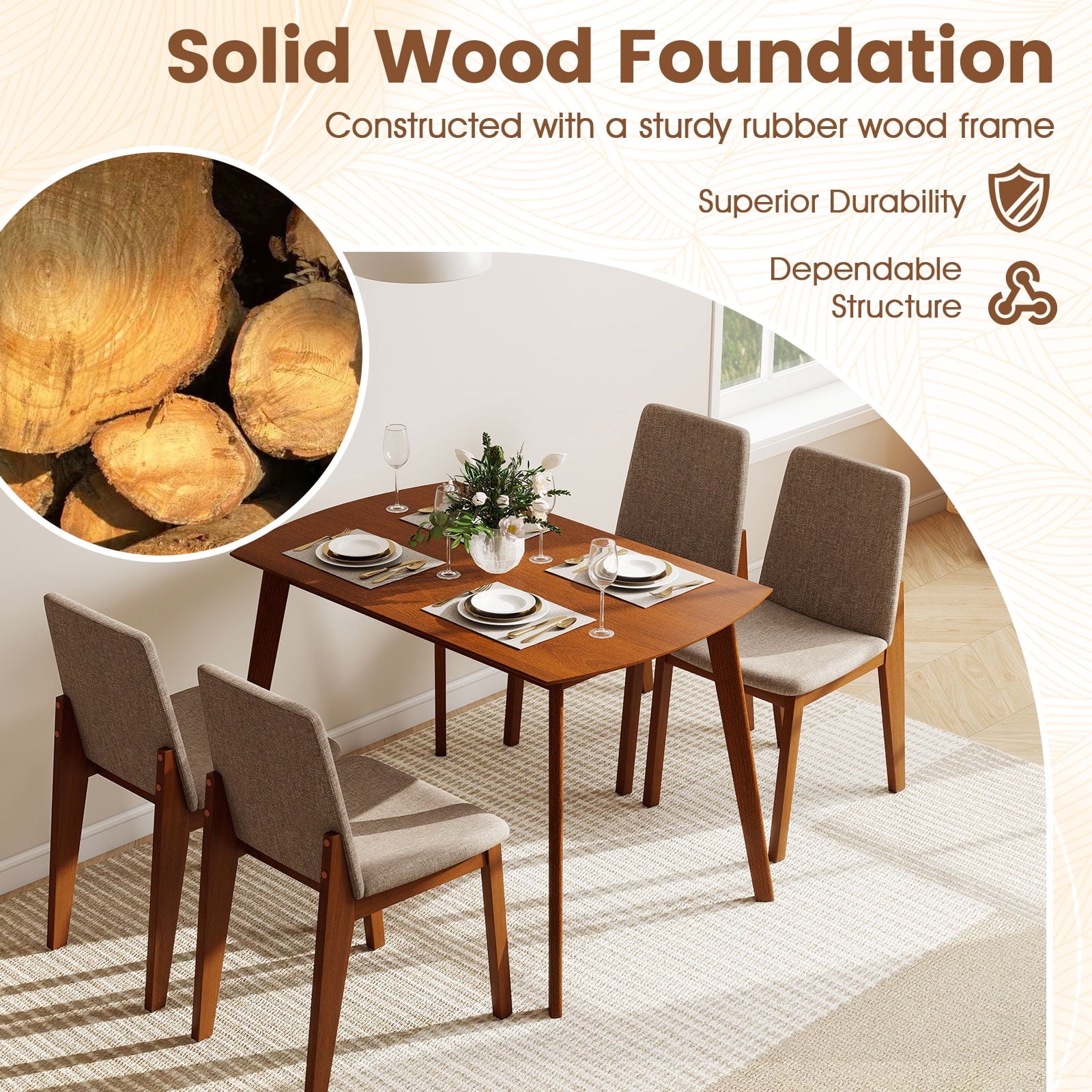 Costway 5-Piece Dining Table Set for 4,Rectangular Kitchen Table withLinen Fabric Chairs