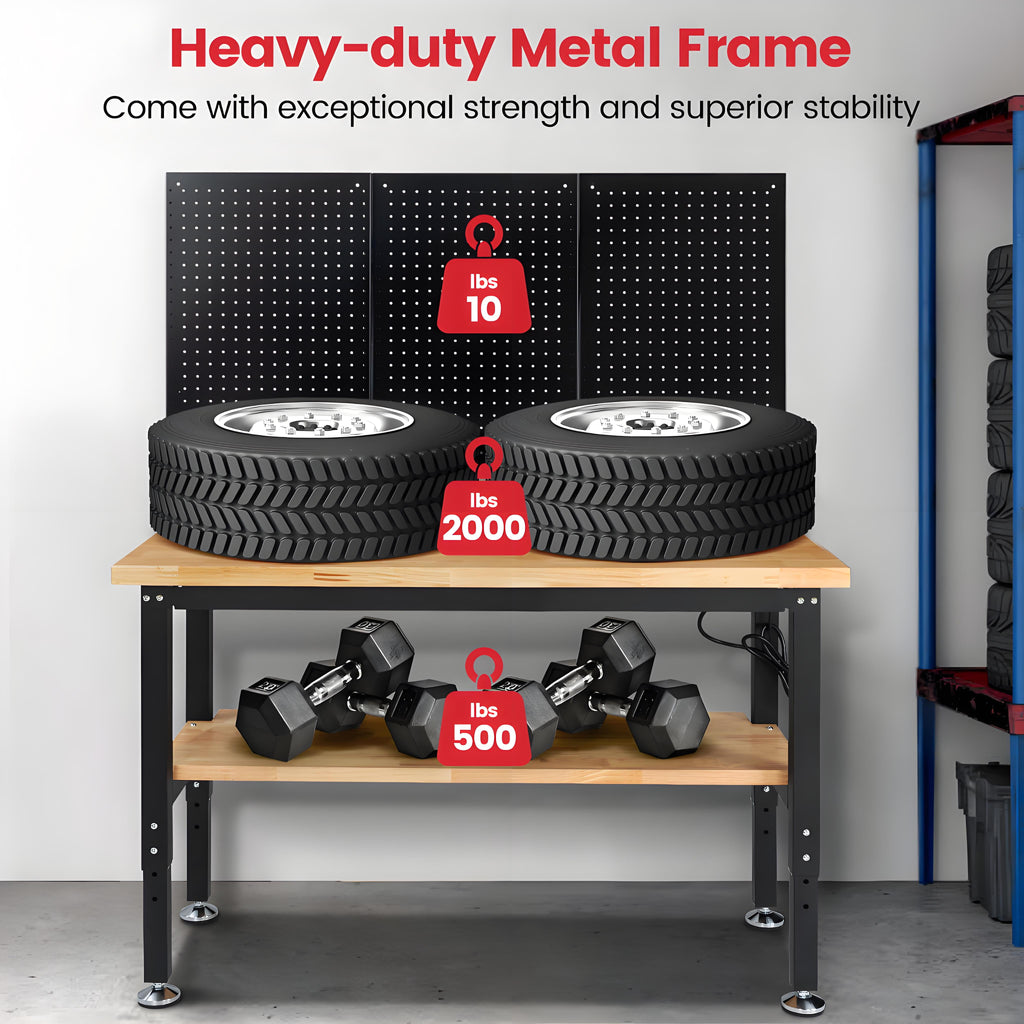 Workbench for Garage,ENJOYWOOD Heavy-Duty 60 inch 2 Tier Wood Work Bench with Storage Pegboards,Rubber Mat,Power Outlets, Rubber Wood Tabletop 2000 LBS Load Bearing Workstation Garage Desk Work Table
