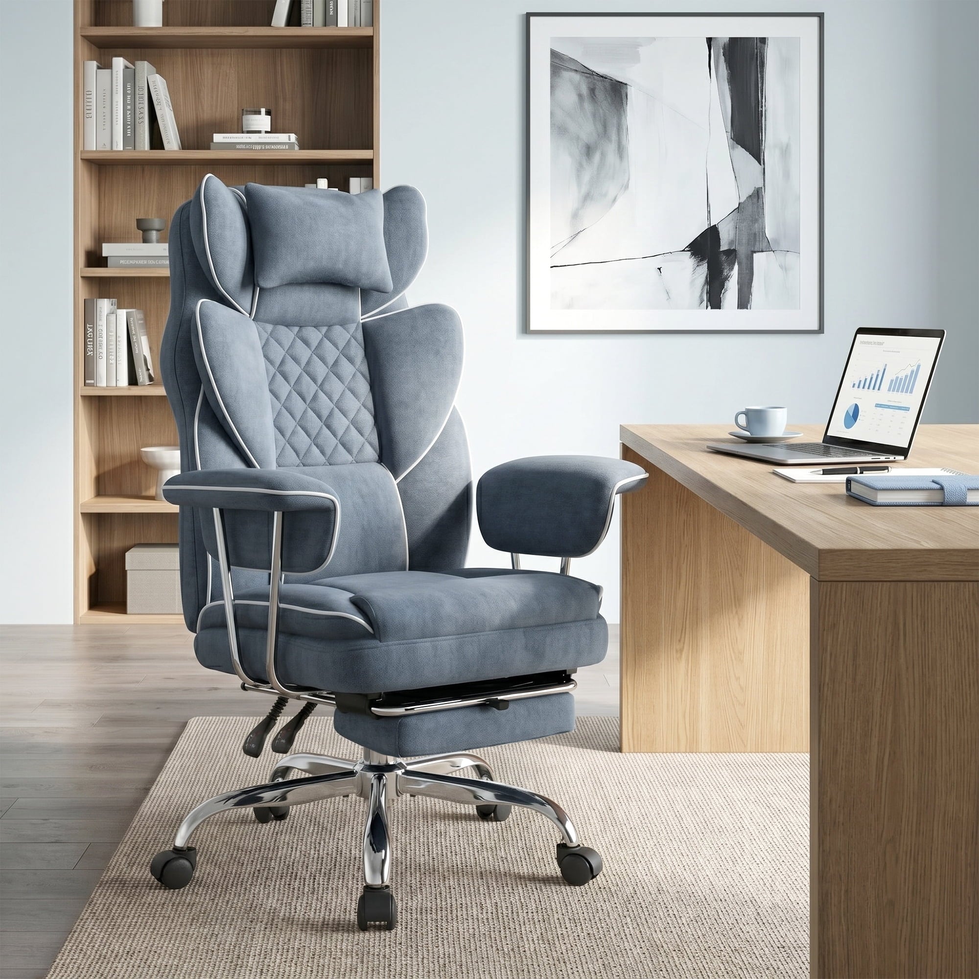 CELTOSS Executive Office Chair 400LBS, High Back Computer Chair with Arms and Footrest, Ergonomic Desk Chair with Lumbar Support, 90–135° Reclining Office Chairs for Home Work, Fabric Blue