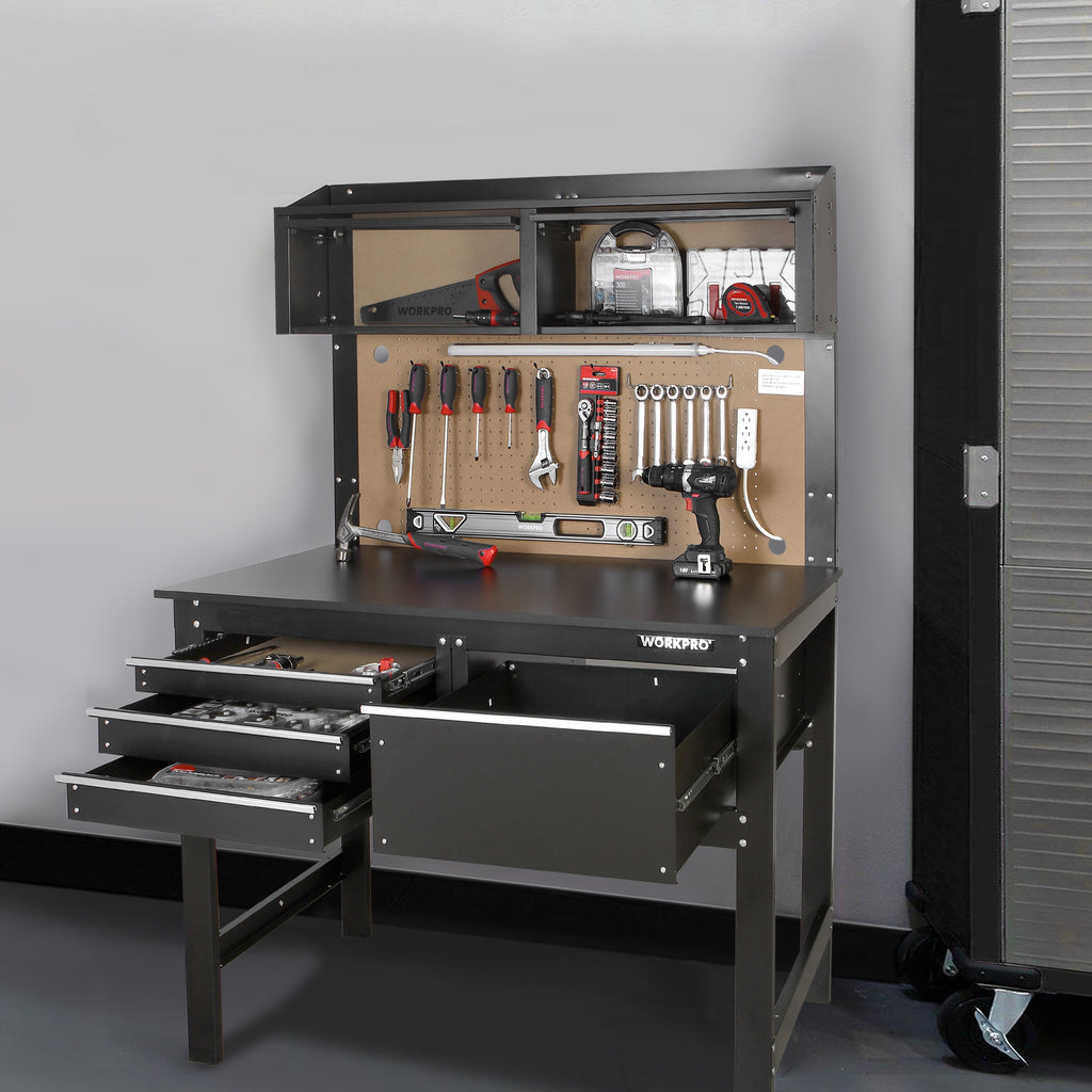 WORKPRO 2-in-1 48-inch Workbench and Cabinet Combo with Light, Steel, Wood