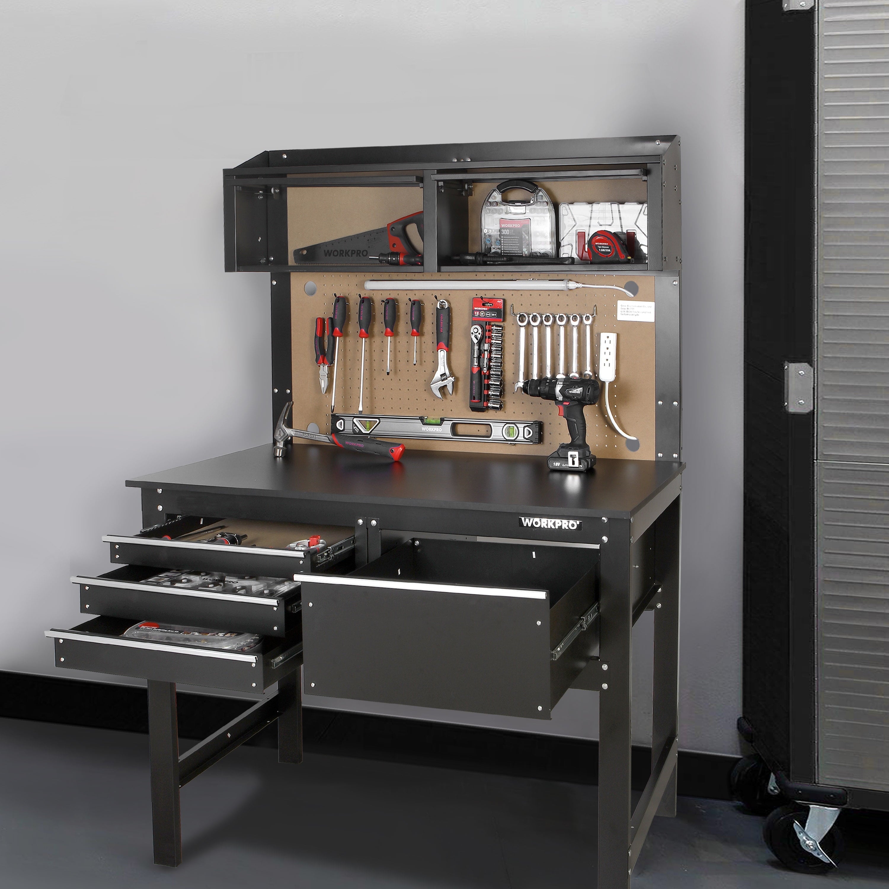 WORKPRO 2-in-1 48-inch Workbench and Cabinet Combo with Light, Steel, Wood