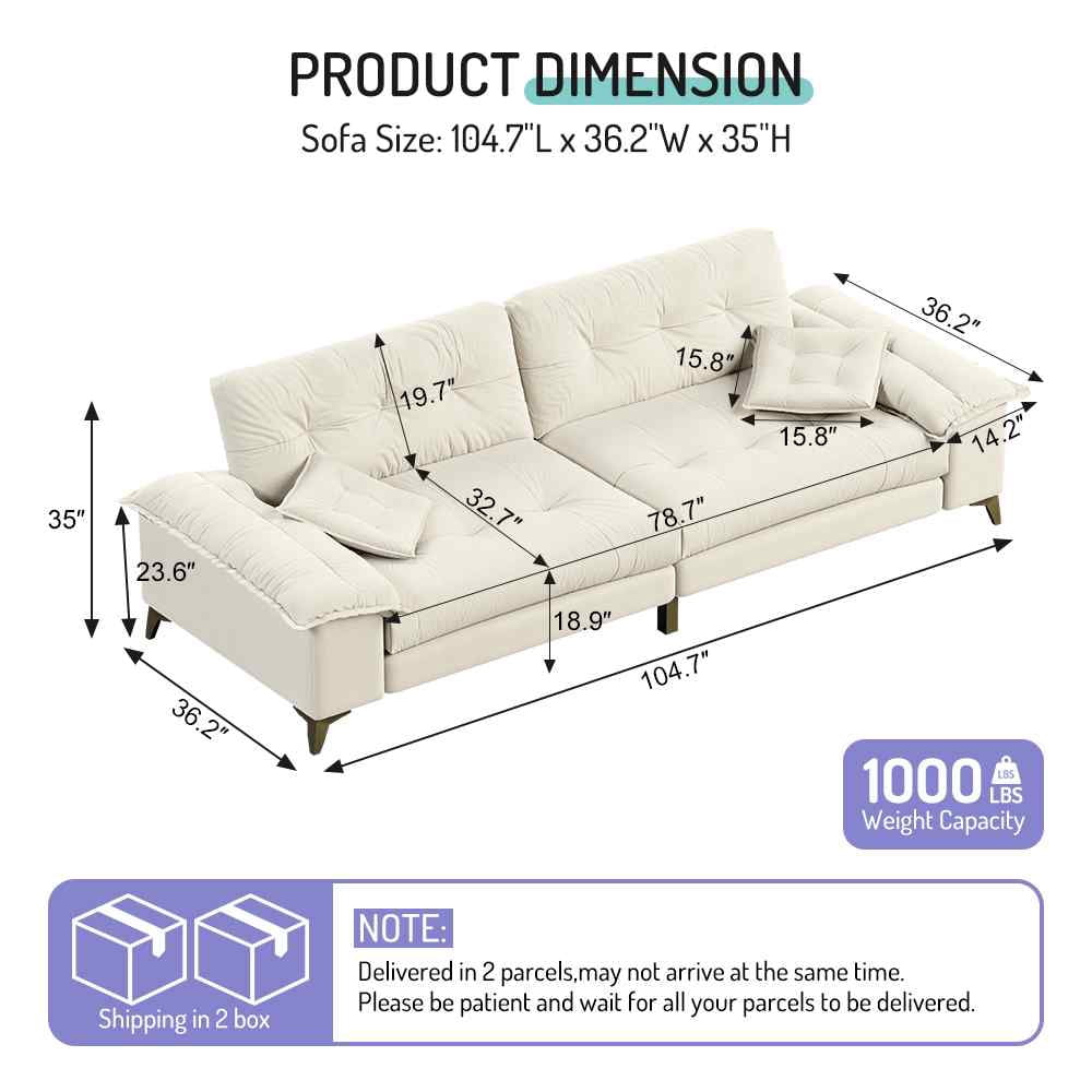 FFH 80.7 Corduroy Sofa, 3 Seater Boneless Cloud Couch for Small Living Rooms, Apartments and Offices, Black