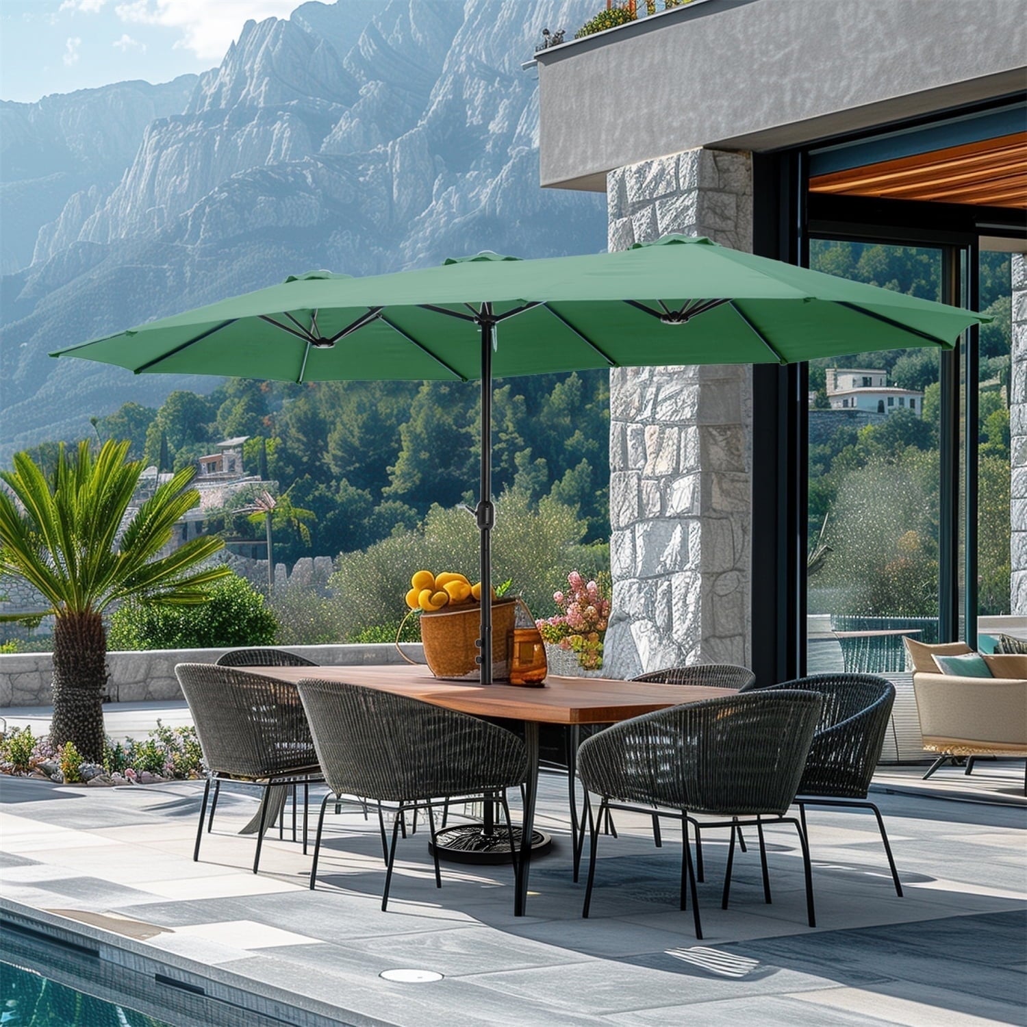 SUMMIT LIVING 15 ft Large Patio Umbrella with Base (Included) Double-Sided Rectangular Outdoor Deck Umbrella for Outside - Beige