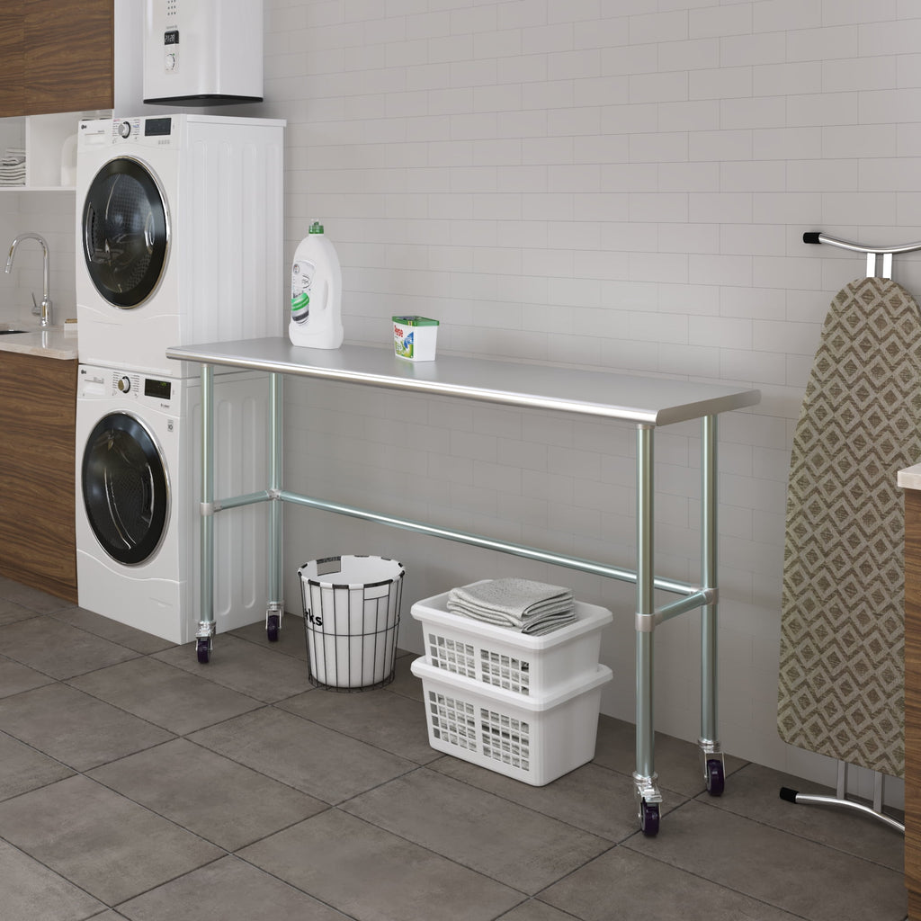 AmGood 36 Long x 30 Deep Stainless-Steel Work Table with Open Base and Wheels, Mobile Metal Table