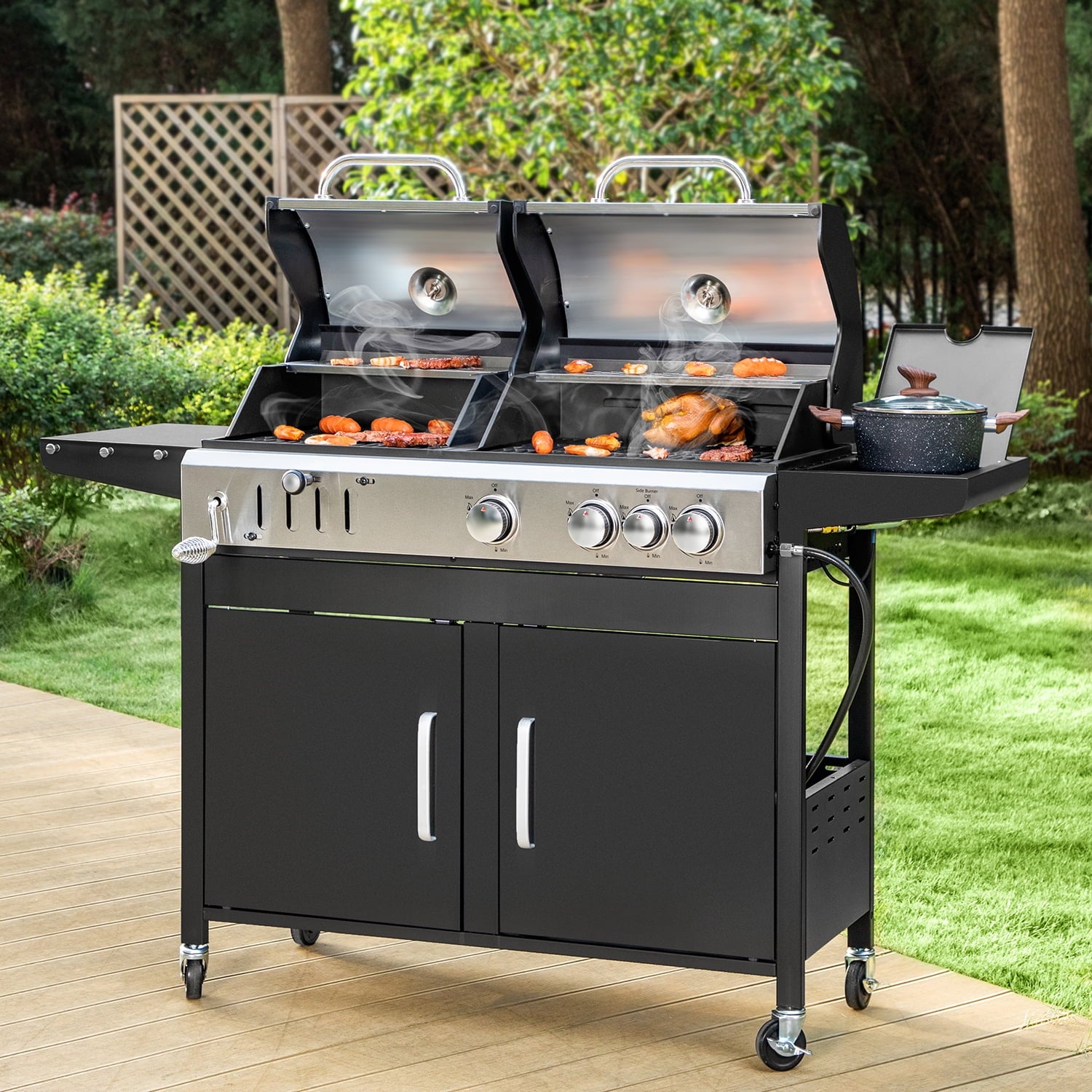 MF Studio Gas and Charcoal Grill Combo Dual Fuel 3-burner 37,000 BUT BBQ Grill with Side Burner