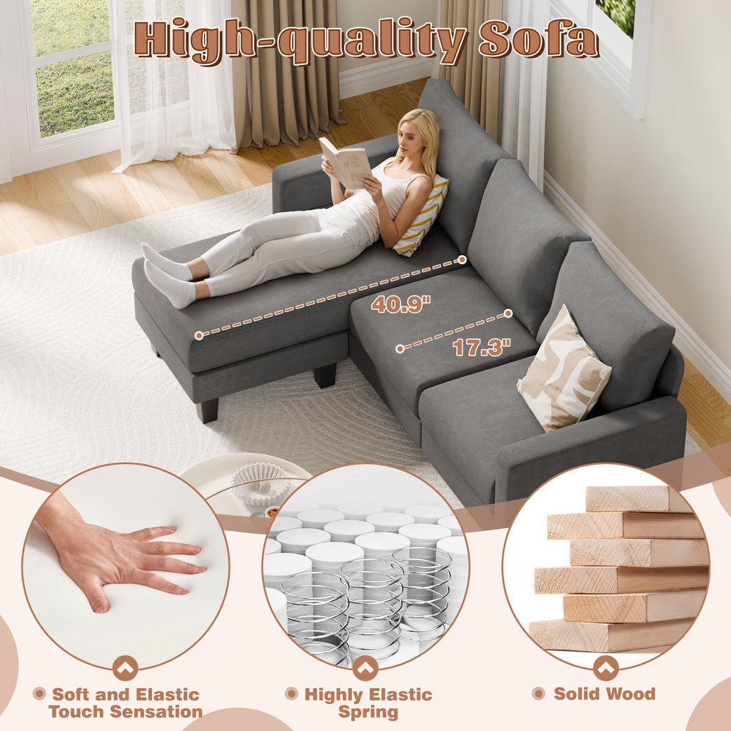 Vineego 72 L-Shaped Sectional Sofa with Ottoman Ergonomic Support Sofa Couch for Small Spaces Living Room, Apartment,Dark Gray